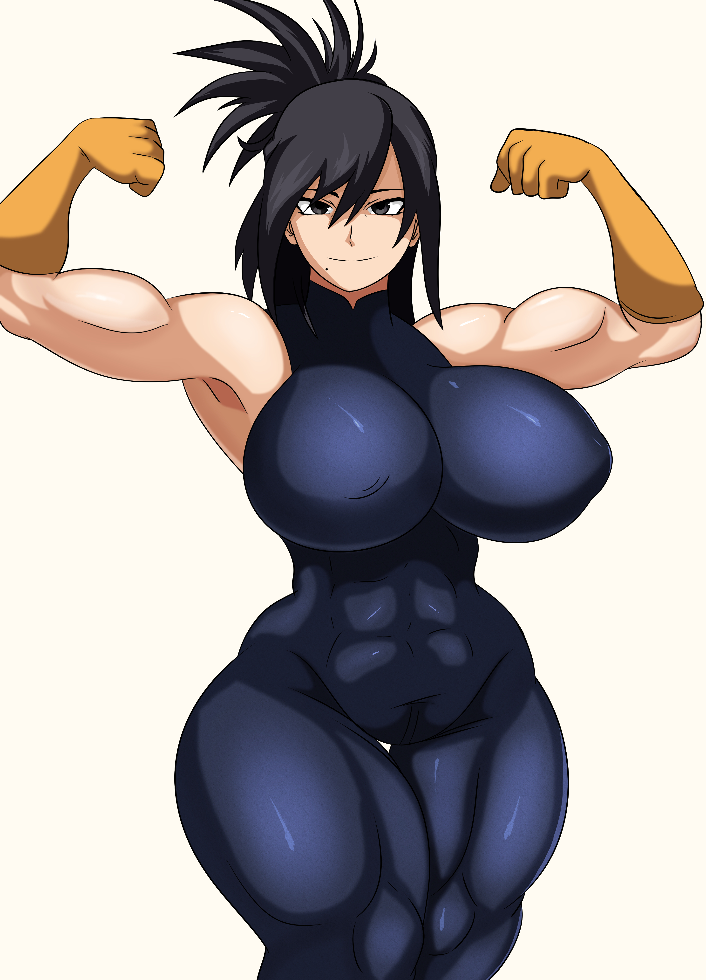1girls, abs, big breasts, black hair, bodysuit, breasts, female, female only, large breasts, light skin, light-skinned female, looking at viewer, muscles, muscular, muscular female, my hero academia, nana shimura, nipple bulge, shimura nana, sleeveless bodysuit, solo, solo female, solo focus, sonson-sensei, thick thighs, thighs, thunder thighs, wide hips
