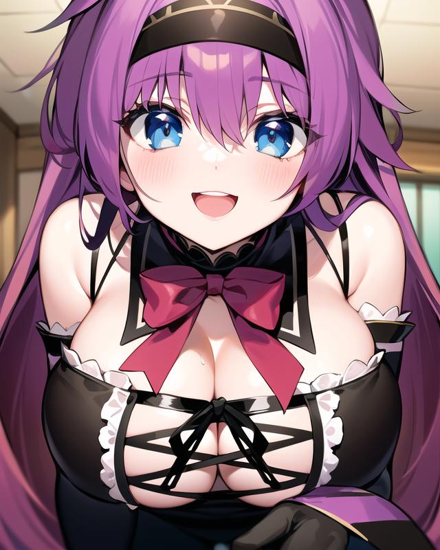 ai_generated blue_eyes cleavage hariyama_kiriha hentai highres huge_breasts indoors leaning_forward living_room nai_diffusion purple_hair red_ribbon shiny_clothes shiny_hair shiny_skin skyrimgamer17 smile stable_diffusion tsun_tsun_maid_wa_ero_ero_desu