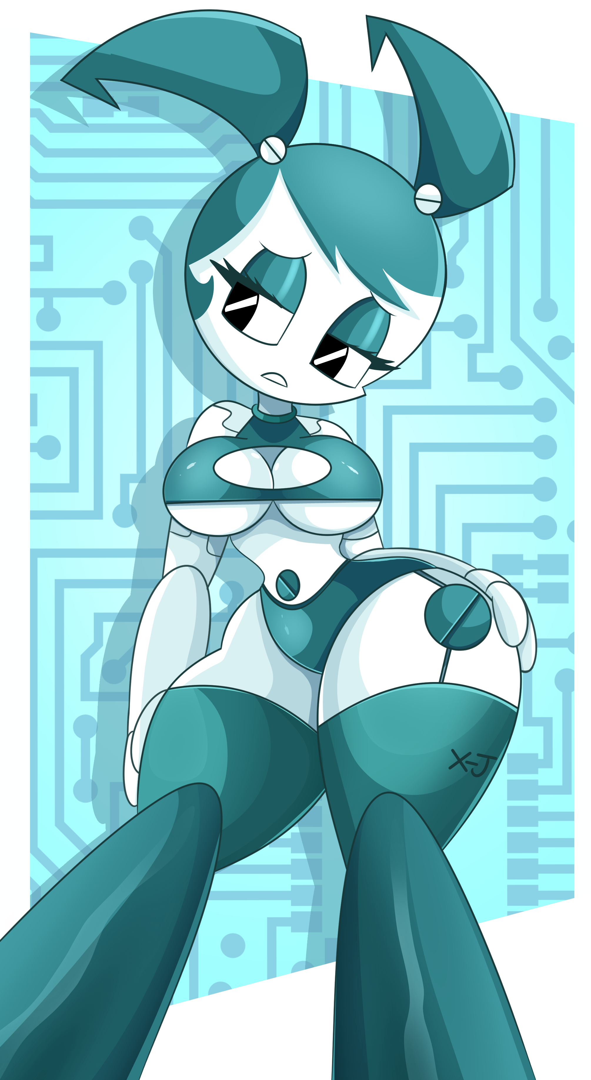 1girls, big breasts, black eyes, blue hair, boob window, breasts, cleavage, eyelashes, eyeshadow, female, female only, jenny wakeman, large breasts, my life as a teenage robot, ponytails, robot, robot girl, solo, solo female, solo focus, sonson-sensei, thick thighs, thighs, underboob, wide hips, xj-9