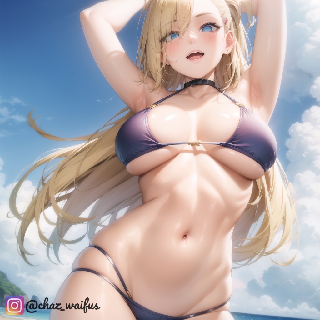 ai generated, arms behind head, arms up, artist name, beach, big breasts, bikini, bikini bottom, bikini top, blonde hair, blush, breasts, chazwaifus2, cleavage, curvaceous, curvy, curvy body, curvy female, curvy figure, female, front view, hair over one eye, ino yamanaka, instagram username, logo, long hair, looking at viewer, midriff, nai diffusion, naruto, naruto (series), naruto shippuden, open mouth, outdoors, ponytail, revealing swimsuit, seaside, stable diffusion, swimsuit, text, tied hair, url, very high resolution, very long hair, voluptuous, voluptuous female, watermark, web address, yamanaka ino