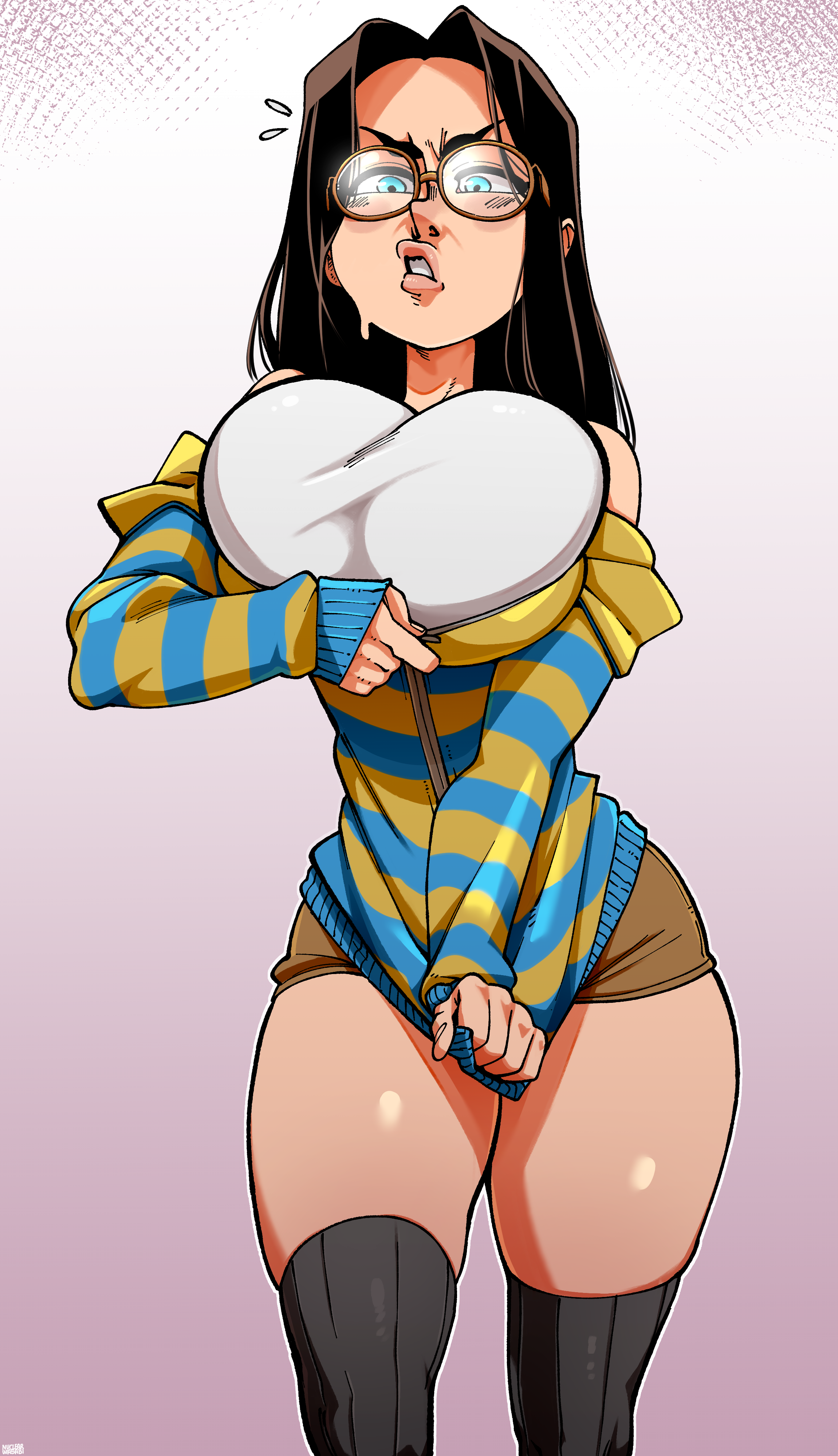 big breasts, breasts, female, inconvenient breasts, large breasts, nuclearwasabi, thighhighs, tight clothing, zettai ryouiki, zipper, zipper pull tab