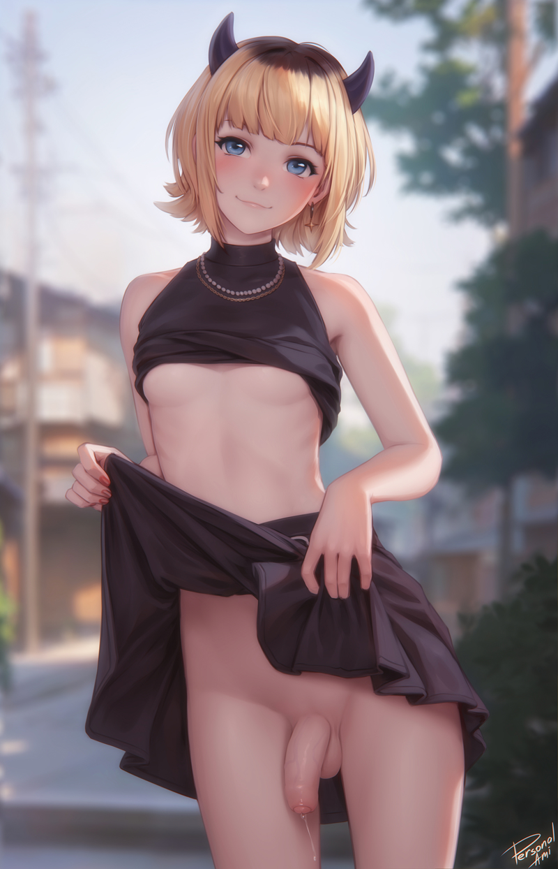 1futa artist_name balls ballsack bare_arms bare_shoulders black_shirt black_skirt blonde_hair blue_eyes blunt_bangs blurry blurry_background blush breasts chain_necklace clothed clothes_lift clothing commentary cowboy_shot day depth_of_field earrings english_commentary flaccid_penis foreskin futa_only futanari highres horns human intact jewelry lifted_by_self light-skinned_futanari light_skin memcho mostly_nude multicolored_hair necklace no_bra no_panties oshi_no_ko outdoors paid_reward_available partially_clothed partially_retracted_foreskin pearl_necklace penis personalami precum precum_drip scrotum shaved_crotch shirt shirt_lift short_hair single_earring skirt skirt_lift small_breasts smile solo standing star_(symbol) star_earrings testicles two-tone_hair uncensored uncut veiny_penis