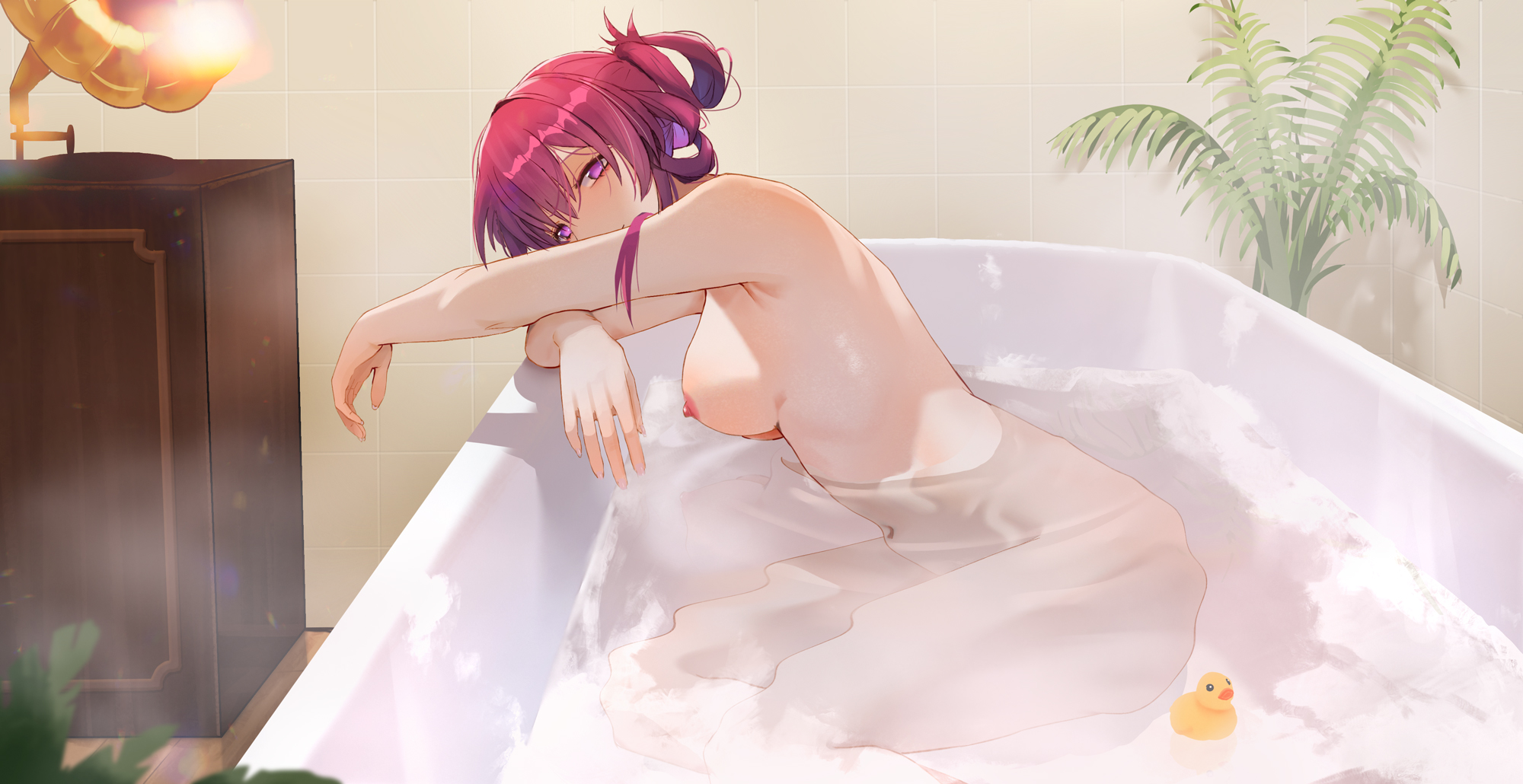 1girls, 2023, bath, bathing, bathroom, bathtub, blush, breasts, clisapex, female, hi res, honkai (series), honkai: star rail, kafka (honkai: star rail), light skin, light-skinned female, looking at viewer, lying, naked, nude, pink eyes, pink hair, short hair, solo
