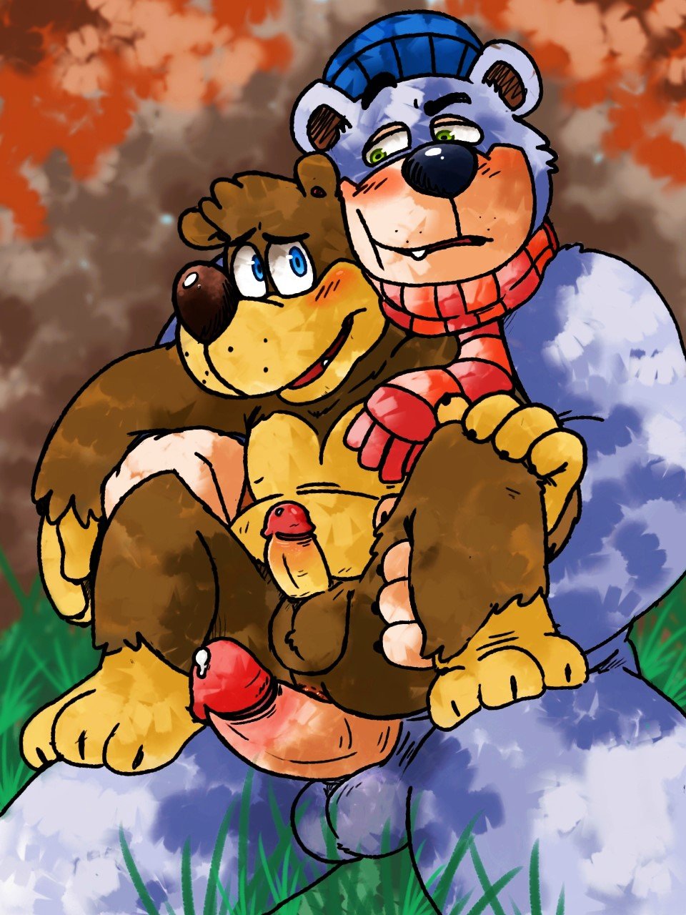 2019 2boys 3_toes 4_fingers anthro balls banjo-kazooie banjo_(banjo-kazooie) bear black_nose blue_body blue_eyes blue_fur blush bodily_fluids boggy_(banjo-kazooie) bowserboy101 brown_body brown_fur clothing digital_media_(artwork) duo feet fingers fur gay gay_domination gay_male genital_fluids genitals green_eyes hat headgear headwear hi_res humanoid_genitalia humanoid_penis looking_at_another male male/male mammal penis polar_bear precum rareware sitting slightly_chubby teeth toes ursine