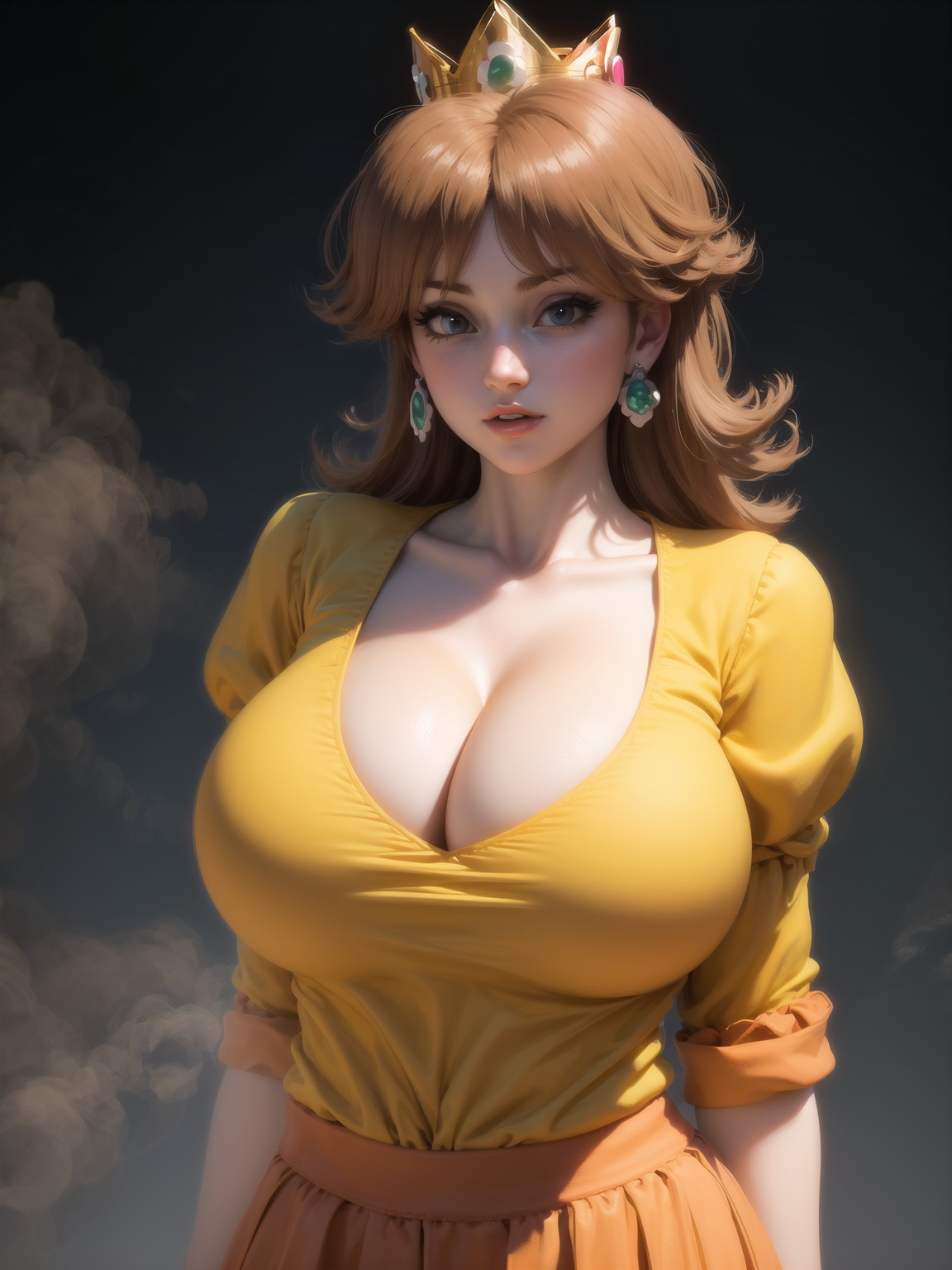1girls, ai generated, big breasts, breasts, brown hair, brunette hair, cleavage, clothing, crown, female, female only, looking at viewer, mario (series), nintendo, princess daisy, solo, standing, xepon real