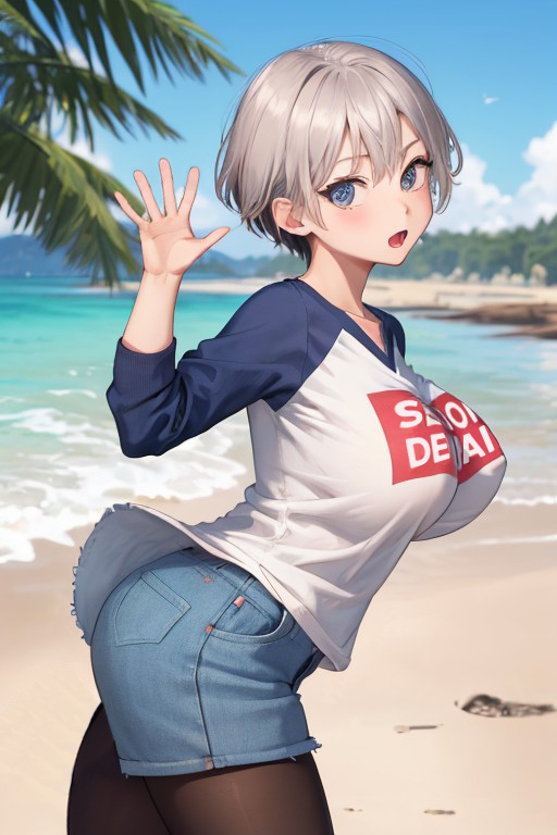 1girls ai_generated beach big_ass big_breasts big_breasts big_thighs blue_eyes blush breasts breasts female female_only grey_hair hentai huge_breasts huge_thighs jean_shorts looking_at_viewer shirt short_hair stable_diffusion sugoi_dekai teeth uzaki-chan_wa_asobitai! uzaki_hana yo_dayo_(ai)