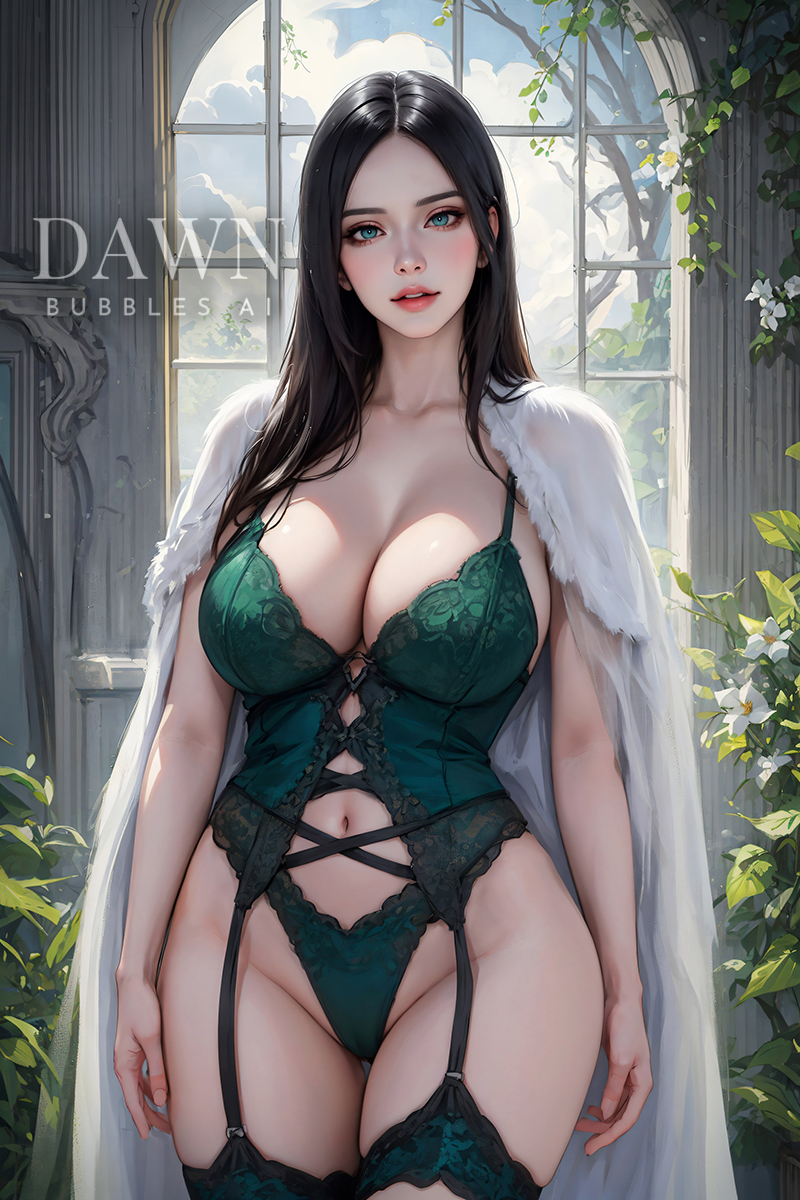 1girls ai_generated black_hair bustier cleavage curvy_body curvy_female curvy_figure dawnbubblesai female female_focus female_only garters green_eyes green_lingerie huge_breasts lingerie nico_robin one_piece post-timeskip post_timeskip stable_diffusion thong voluptuous voluptuous_female