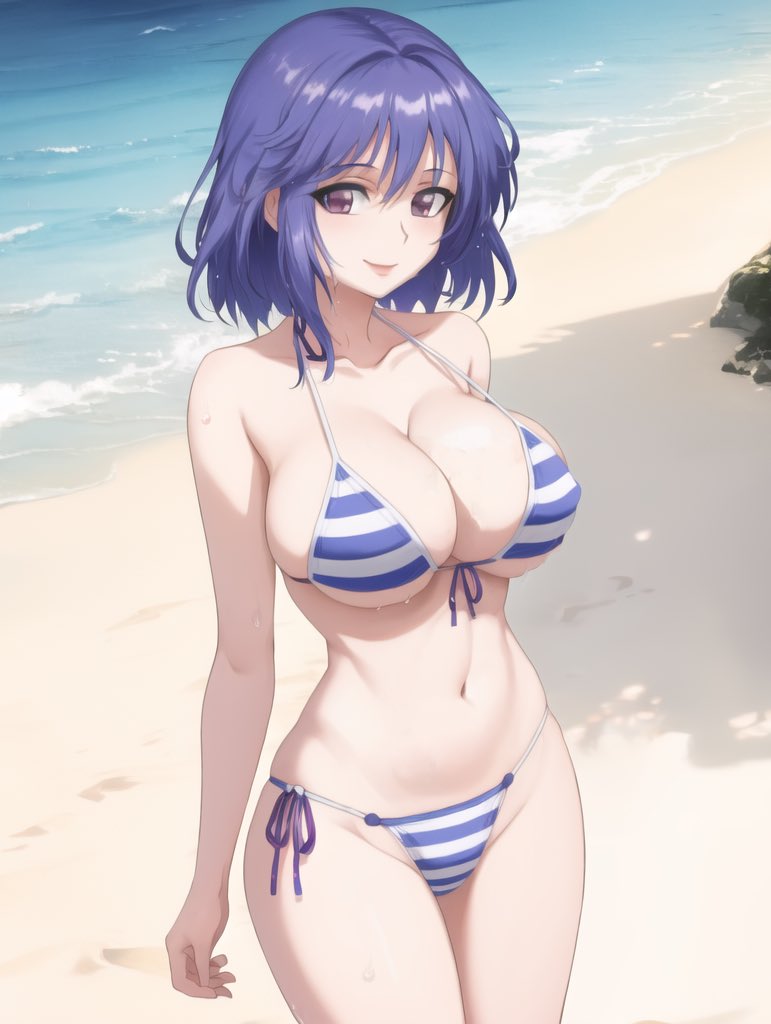 1girls ai_generated aniyome_wa_ijippari bare_arms bare_legs bare_midriff bare_shoulders bare_thighs beach big_breasts bikini bikini_bottom bikini_top blue_hair breasts busty cleavage cleft_of_venus collarbone curvaceous curves curvy curvy_body curvy_female curvy_figure curvy_hips facing_viewer female female_focus female_only fit fit_female hips hourglass_figure inner_sideboob inner_thighs katsuragi_mai large_breasts light-skinned_female light_skin lokokabooster looking_at_viewer lover-in-law midriff milf outdoors outside purple_eyes shiny shiny_clothes shiny_skin short_hair sideboob skimpy skimpy_bikini skimpy_clothes smile smiling smiling_at_viewer sole_female solo solo_female solo_focus striped_bikini thong thong_bikini voluptuous voluptuous_female wide_hips