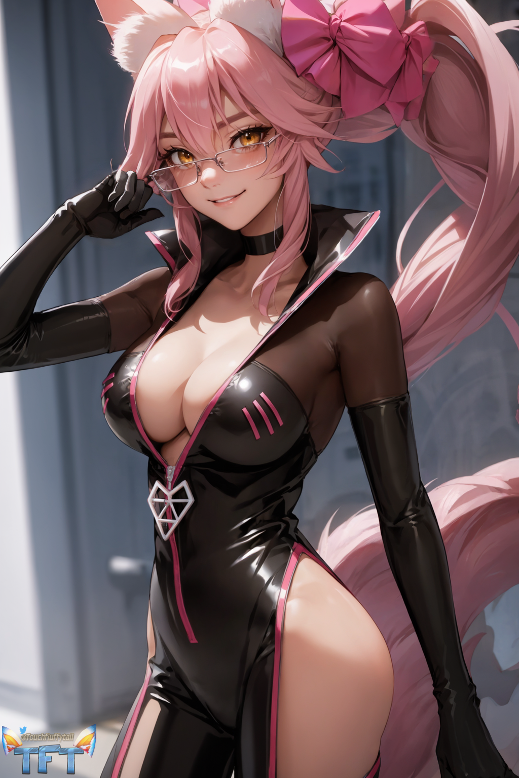 1girls ai_generated animal_ears bodysuit choker cute fangs fate/grand_order fate_(series) female fox_ears fox_girl fox_humanoid fox_tail fringe glasses koyanskaya koyanskaya_(assassin) koyanskaya_(assassin_first_ascension) koyanskaya_(fate) latex light-skinned_female looking_at_viewer pale-skinned_female petite pink_hair ponytail seductive_look side_ponytail skinny slim teenager touchfluffytails yellow_eyes