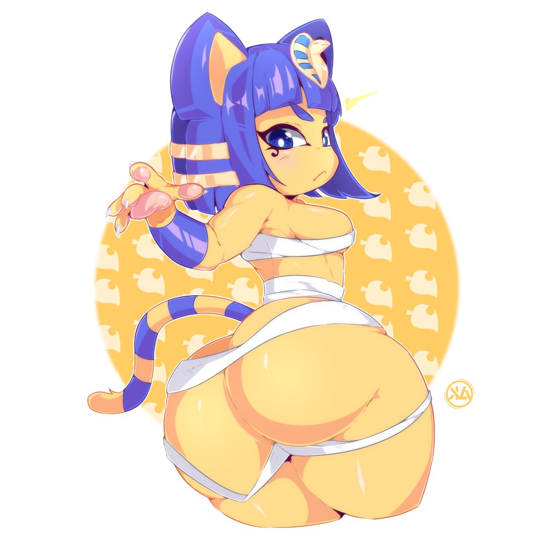 animal crossing, ankha, anthro, ass, ass focus, cat girl, catgirl, female, kittyasuka, mummy wrappings, nintendo, yellow fur