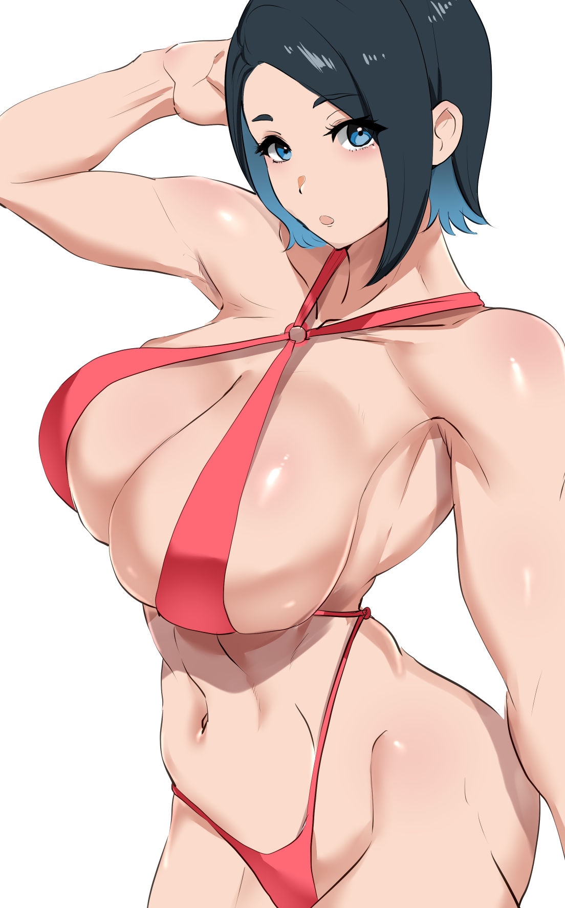 1girls armpits big_breasts bikini blue_eyes breasts cleavage female_only gundam gundam_suisei_no_majo highleg_bikini highleg_panties looking_at_viewer nika_nanaura o-ring_bikini short_hair skimpy skimpy_bikini solo solo_female solo_focus teaindian two_tone_hair