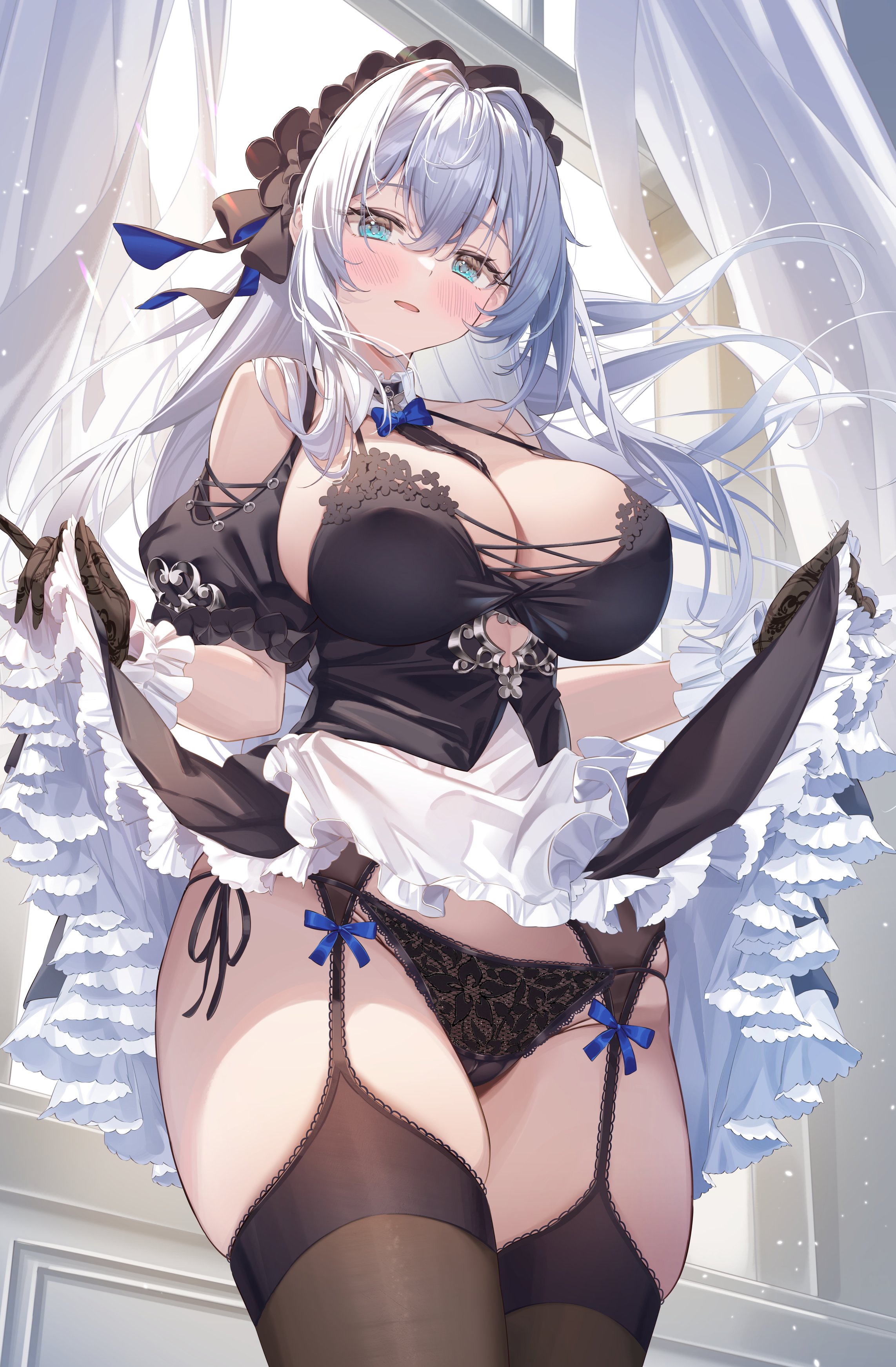 1girls, black panties, blue eyes, blush, bow, choker, cleavage, cleavage cutout, curtains, female, frills, garter belt, garter straps, gloves, lifting skirt, lingerie, long hair, looking at viewer, maid, maid headdress, maid uniform, original, puffy sleeves, ribbon, ribbons, sg (satoumogumogu), shion alfine (satoumogumogu), solo, thick thighs, thighhighs, thighs, upskirt, white hair, window