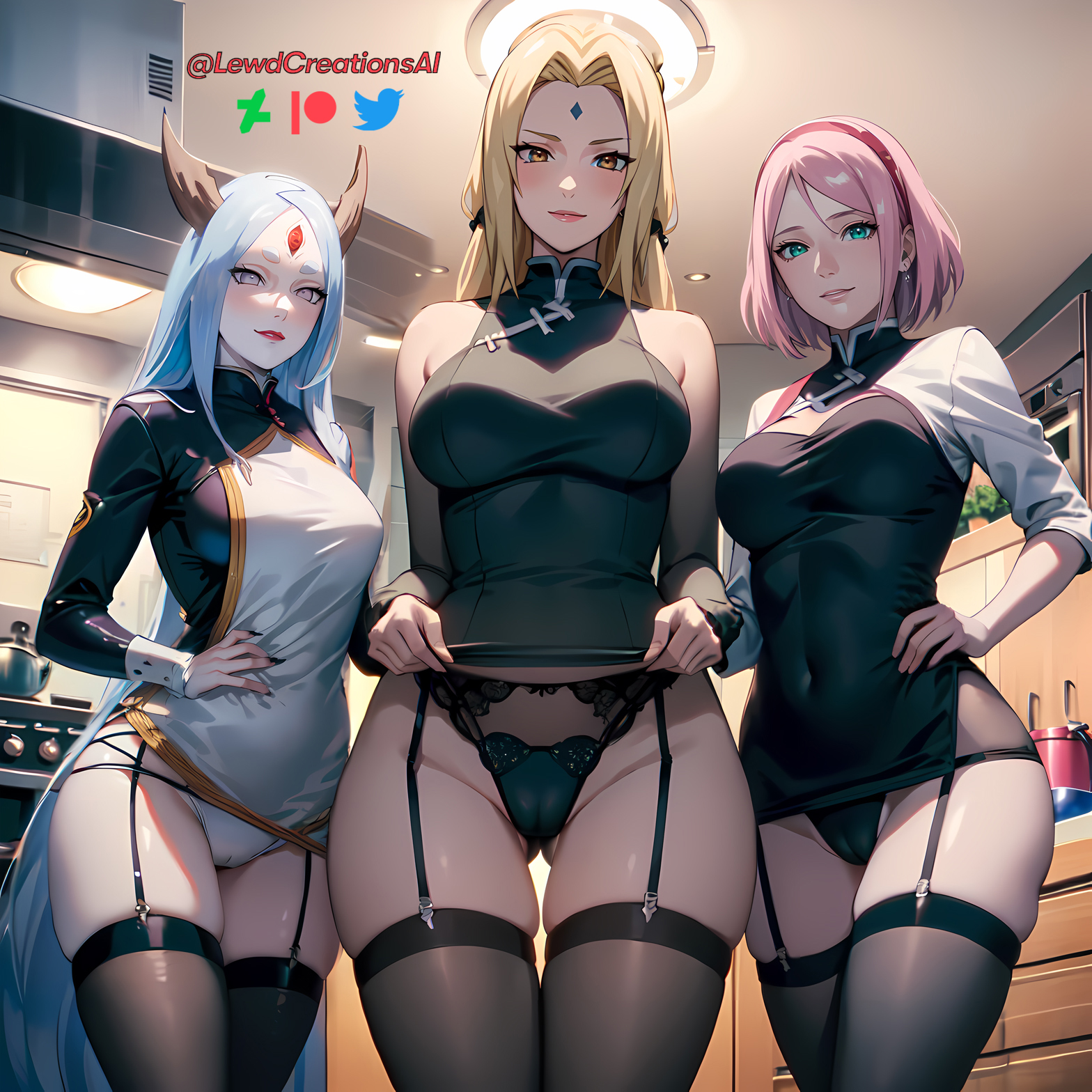 3girls, ai generated, big breasts, blonde hair, boruto: naruto next generations, breasts, brown eyes, cameltoe, cleavage, female, female only, garter straps, green eyes, haruno sakura, headband, horns, lewdcreationsai, lifted by self, lifting skirt, lingerie, multiple females, multiple girls, naruto, naruto (series), otsutsuki kaguya, panties, pink hair, pussy, sakura haruno, sharingan, thick thighs, thighhighs, thighs, tsunade, white eyes