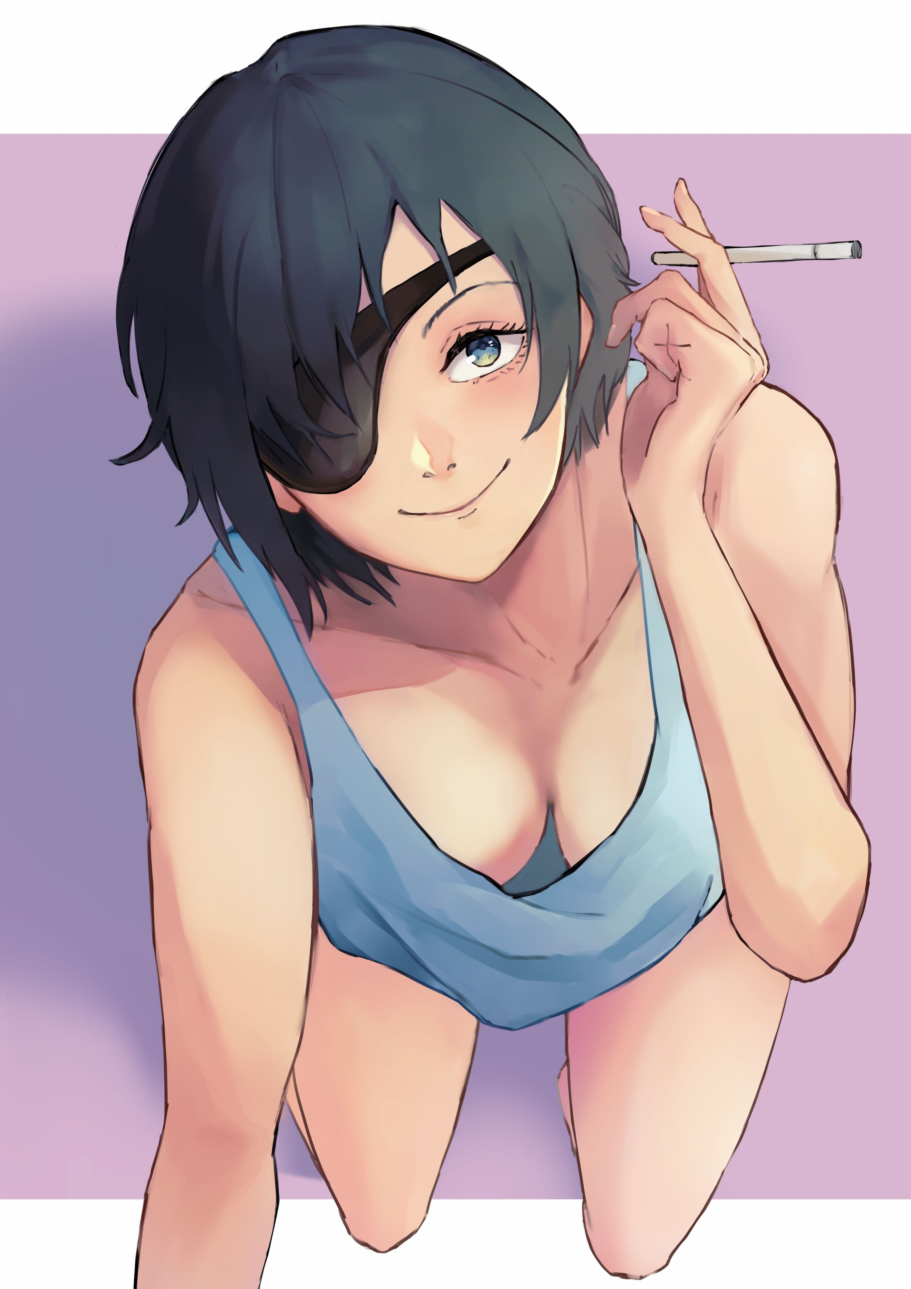 1girls, all fours, big breasts, breasts, chainsaw man, cigarette, cleavage, crawling, female, female only, himeno (chainsaw man), light skin, light-skinned female, looking at viewer, mappa, pov