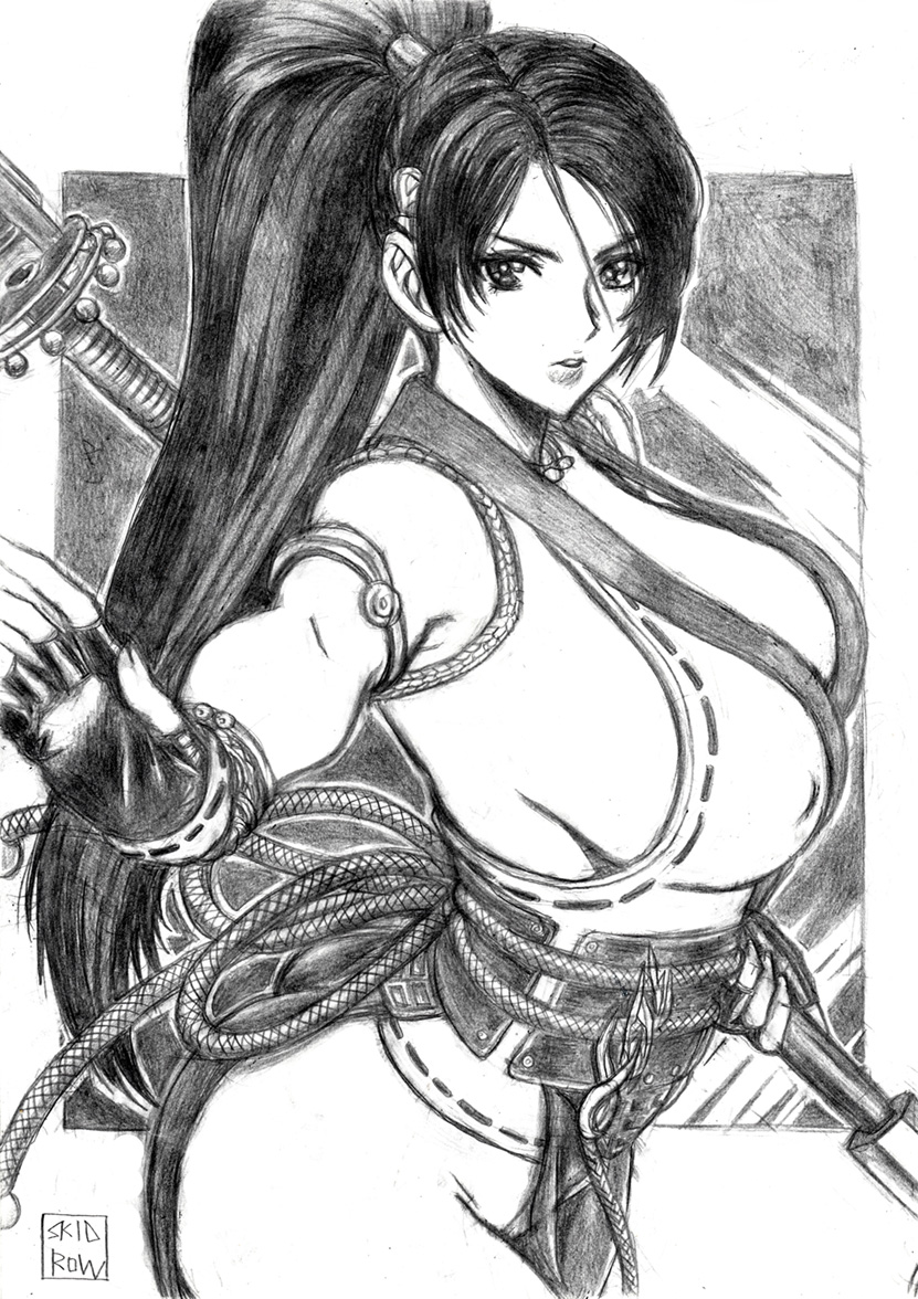 breasts cleavage dead_or_alive female fingerless_gloves gloves greyscale high_ponytail large_breasts long_hair looking_at_viewer momiji_(ninja_gaiden) monochrome ninja ninja_gaiden sideboob simple_background skidrow sleeveless thighs