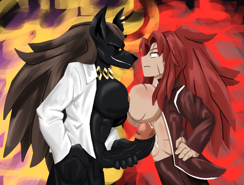 anthro bakaiju big_breasts big_penis brown_hair docking eye_contact futa_on_female futanari gebura_(lobotomy_corporation) hand_on_penis human_on_anthro imminent_sex library_of_ruina muscular_female muscular_futanari penis_out project_moon red_hair scars tanya_(library_of_ruina) yellow_eyes