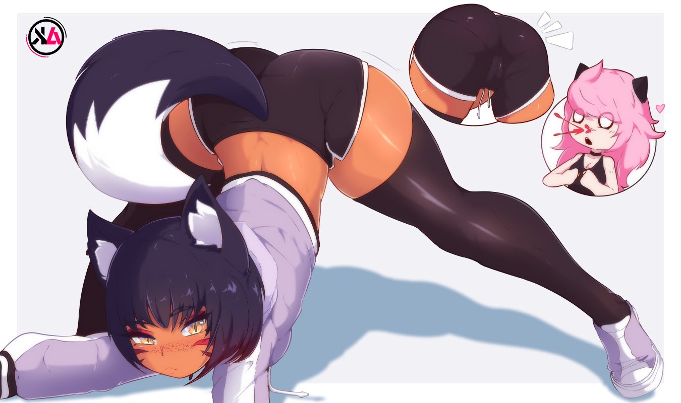 cameltoe, dark skin, dark-skinned female, female, fox girl, jack-o pose, jackochallenge, kittyasuka, nosebleed, pussy, thighhighs, tomboy