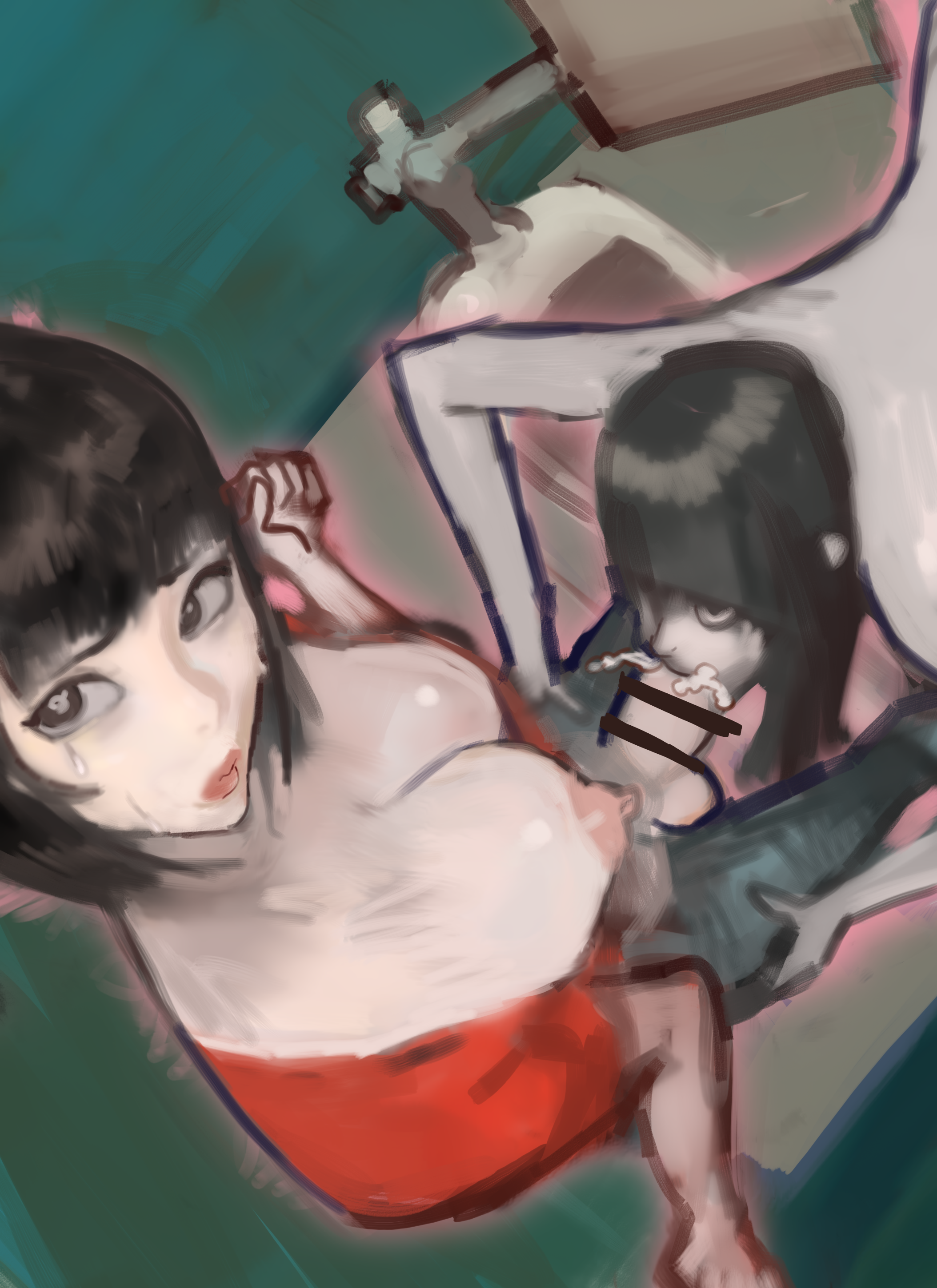 1futa, 1girls, bangs, bar censor, bathroom stall, big breasts, big penis, black hair, breasts, censored, cleavage, clothed, clothing, cum, cum in mouth, duo, ejaculation, erection, fellatio, female, futa on female, futanari, ghost, ghost girl, glowing, grey skin, high-angle view, human, intersex, jeans, kmaro, light skin, light-skinned female, light-skinned futa, lipstick, long hair, mostly clothed, nude, one breast out, oral, orgasm, orgasm face, penis, public restroom, sex, shirt, short hair, tears, toilet, toilet stall