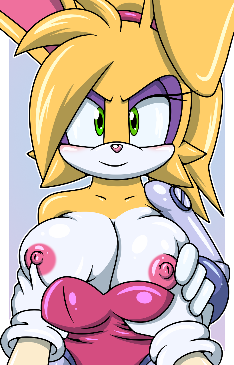 anthro areola big_breasts blush breast_grab breasts bunnie_rabbot clothed clothing cybernetics female first_person_view green_eyes lagomorph offscreen_character ponytail purple_eyeshadow rabbit sonic_(series) sonic_the_hedgehog sonic_the_hedgehog_(archie) sonic_the_hedgehog_(comics) sonicguru two_tone_body white_fur yellow_body yellow_fur yellow_hair