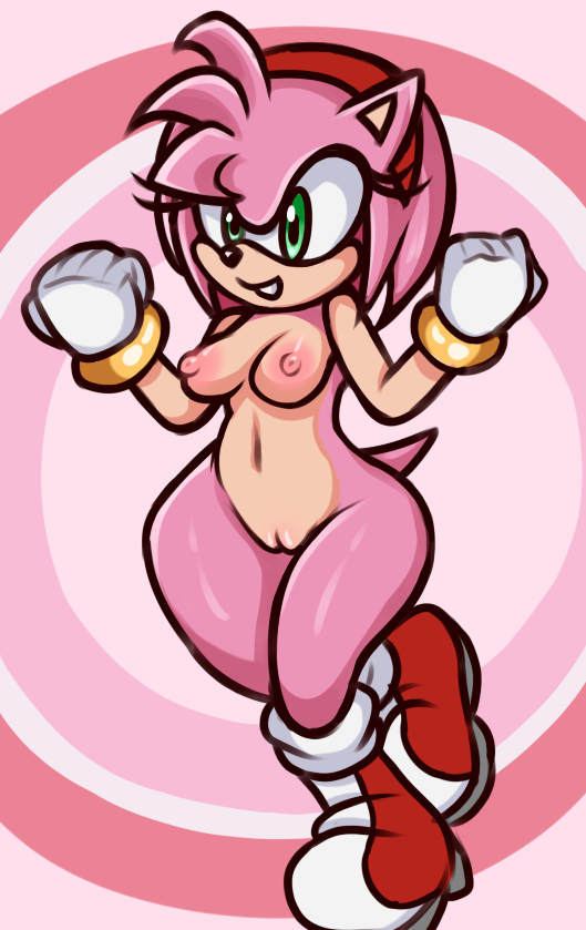 1girls amy_rose anthro boots bracelet breasts casual exposed_torso female footwear furry gloves green_eyes hairband handwear nipples pink_background pink_fur pink_hair pussy sandyrex sega solo solo_female solo_focus sonic_(series) thick_thighs wide_hips wristwear