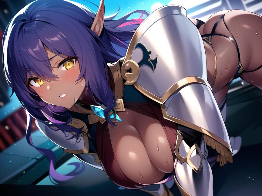 1girls 2023 ai_generated anime_nose armor ass big_ass blue_hair breasts_bigger_than_head cleavage clothed_female dark-skinned_female delva_celebrian elf elf_ears elf_female gauntlets hentai high_resolution highres huge_ass leaning_forward looking_at_viewer nai_diffusion pointy_ears revealing_clothes shiny_clothes shiny_hair shiny_skin shoulder_armor skyrimgamer17 stable_diffusion thong yellow_eyes youkoso!_sukebe_elf_no_mori_e