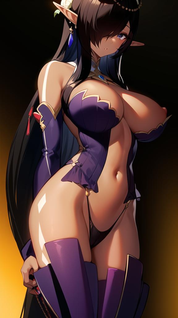 1girls, 2023, ai generated, ai hands, anime nose, black hair, breasts, cleavage, clothed female, curvy, dark elf, dark skin, dark-skinned female, elf, female, hair over one eye, highres, huge breasts, kuroinu ~kedakaki seijo wa hakudaku ni somaru~, nai diffusion, olga discordia, pointy ears, purple eyes, purple thighhighs, revealing clothes, shiny skin, skyrimgamer17, solo, stable diffusion, thick thighs, thong, wide hips