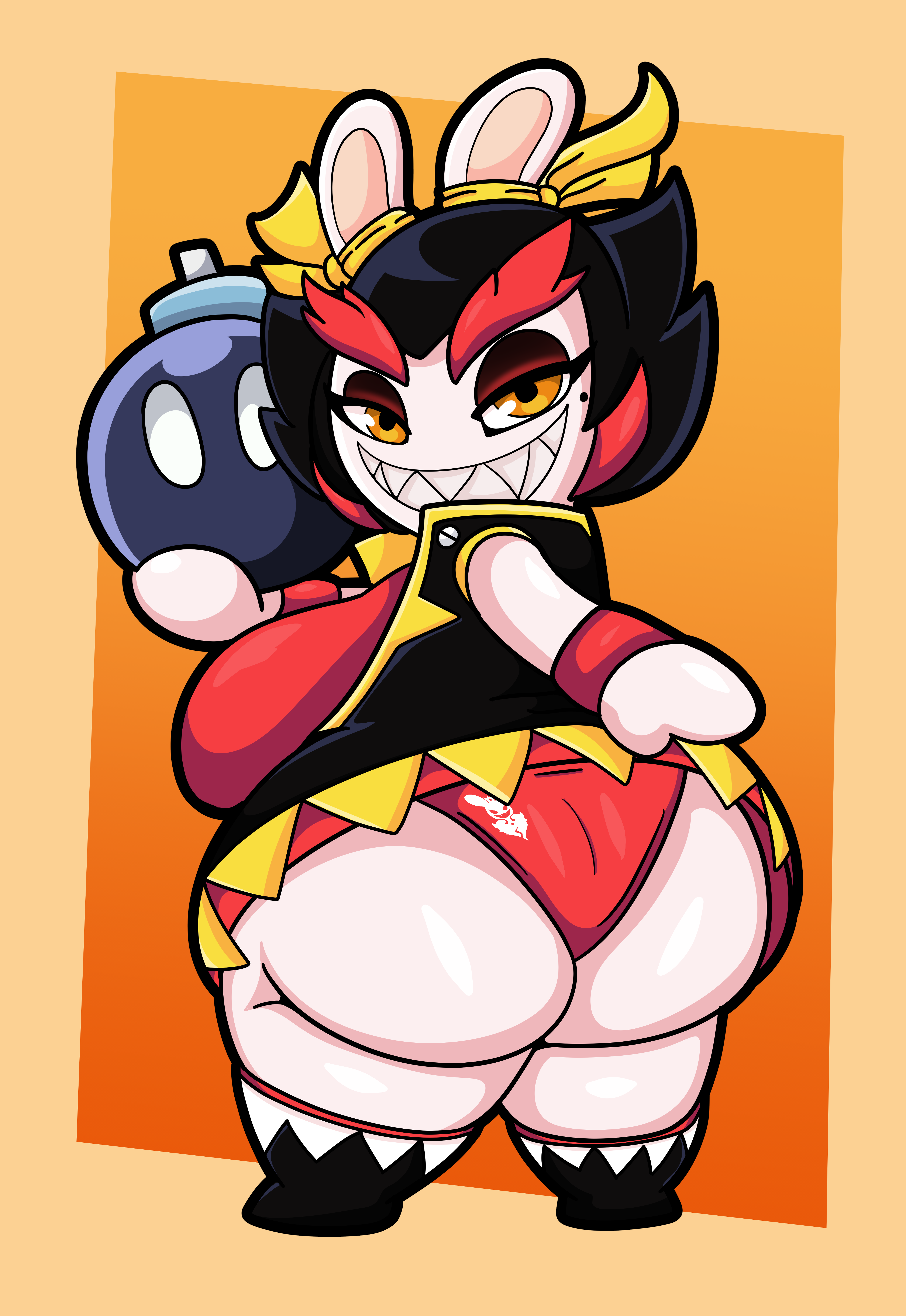 1girls, anthro, armband, black hair, bob-omb, bomb, breasts, bunny, female, female focus, female only, furry, hips, kanya (mario + rabbids), lagomorph, lagomorph humanoid, large breasts, looking at viewer, looking back, mario (series), mario + rabbids, mario + rabbids: sparks of hope, nintendo, panties, rabbid, rabbit, raving rabbids, sharp teeth, shortstack, skirt, smile, smiling, someth1ngoranother, thick thighs, thighs, ubisoft, underwear, upskirt, video games, white fur, wide hips