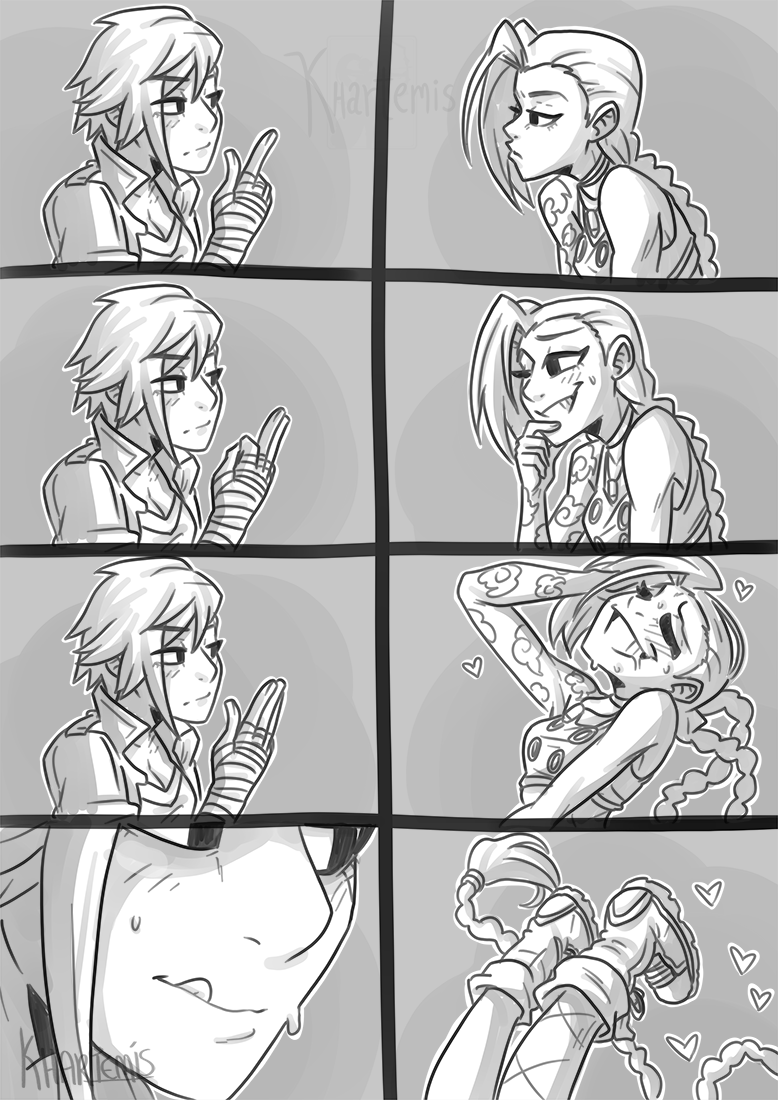 2girls arcane arcane_jinx arcane_vi bandaged_hand breasts comic incest jinx_(league_of_legends) khartemis league_of_legends long_hair monochrome riot_games sisters small_breasts tattoo vi yuri