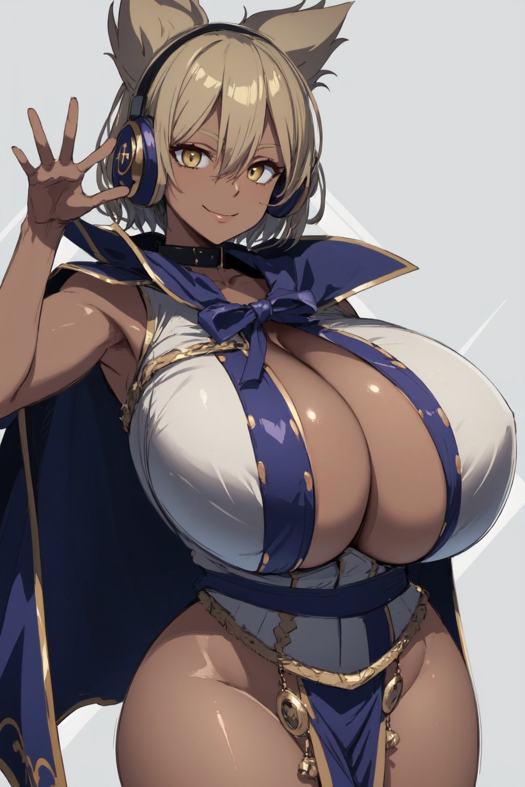 1girls ai_generated alternate_costume alternate_skin_color blue_cape blue_ribbon breasts breasts_bigger_than_head cape cleavage cleavage_overflow closed_mouth dark-skinned_female dark_skin earmuffs hair_between_eyes hourglass_figure huge_breasts light_brown_hair looking_at_viewer neck_ribbon ribbon short_hair slim_waist smile smiling smiling_at_viewer solo solo_female solo_focus standing tan_body tanned tanned_female tanned_skin thighs touhou toyosatomimi_no_miko waving waving_at_viewer yellow_eyes