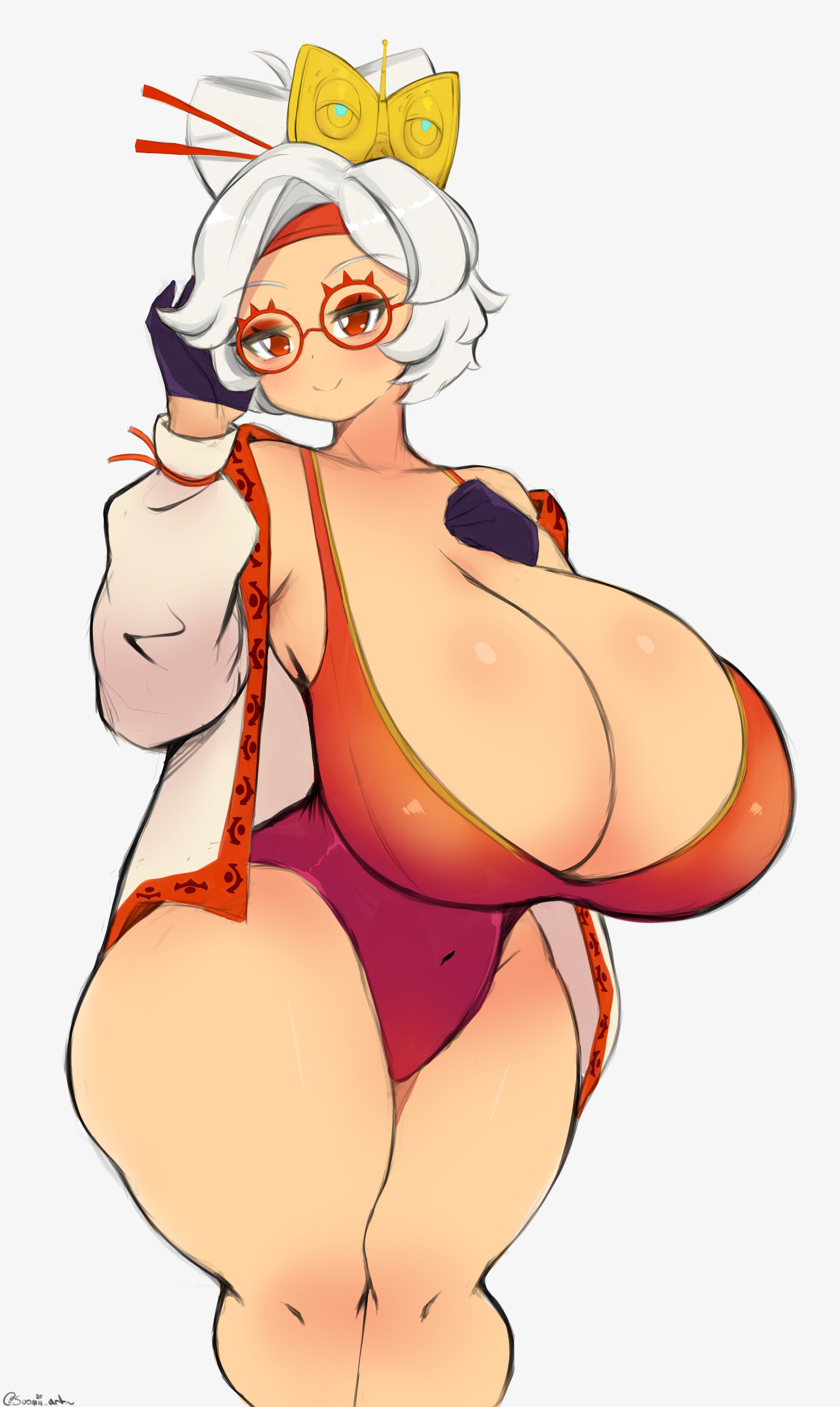 1girls, alternate body type, alternate breast size, ass, big breasts, blush, blushing, breasts, breasts bigger than head, breasts bigger than torso, cleavage, clothed, clothing, coat, cropped legs, enormous breasts, eyebrows visible through hair, eyelashes, eyeshadow, eyewear, female, female only, gigantic breasts, glasses, gloves, headgear, headwear, hi res, highres, hourglass figure, huge breasts, large breasts, leotard, light skin, light-skinned female, nintendo, purah, purah (tears of the kingdom), red eyes, red glasses, red leotard, short hair, solo female, solo focus, suomii, tears of the kingdom, the legend of zelda, thick ass, thick thighs, thin waist, venus body, voluptuous, voluptuous female, white hair