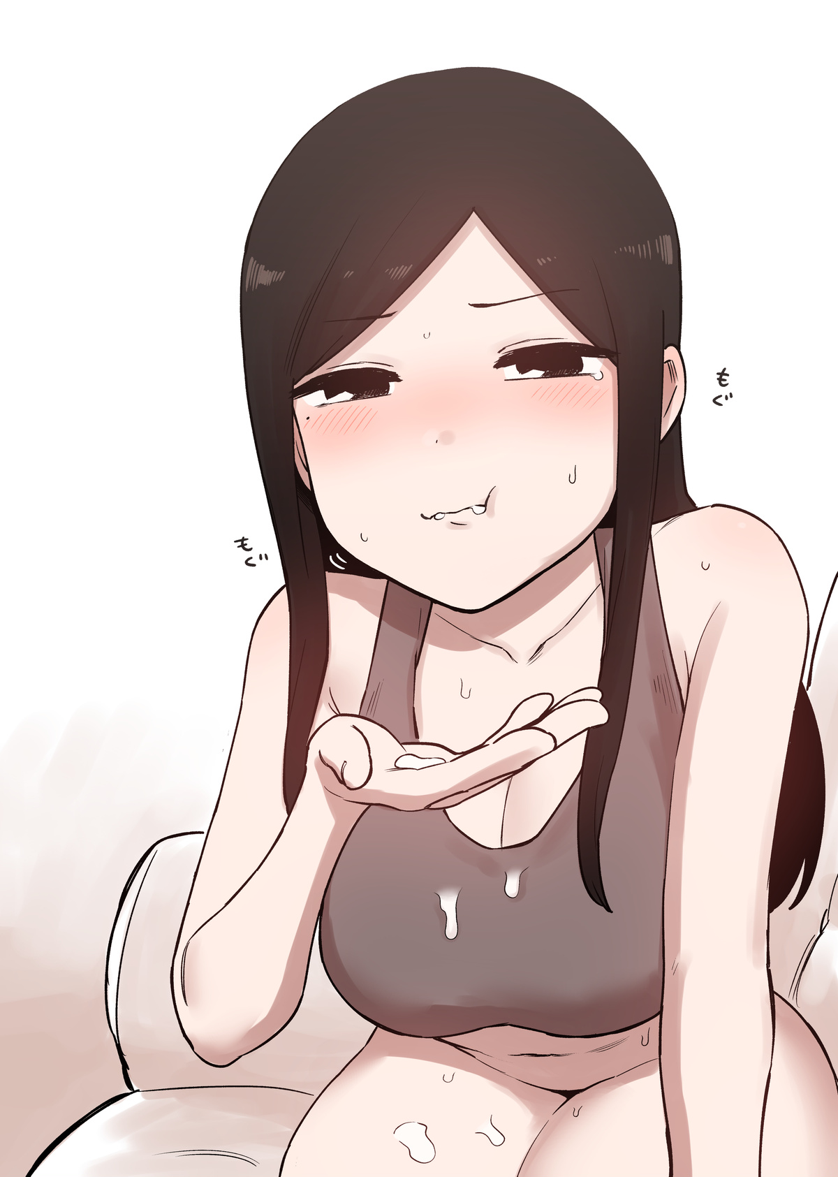 1girls, after fellatio, after oral, after sex, aroused, big breasts, breasts, cum in mouth, cum on body, cum on breasts, embarrassed, female, large breasts, light skin, light-skinned female, mature female, no panties, sakurai touko, senpai ga uzai kouhai no hanashi, shiromanta, thick thighs