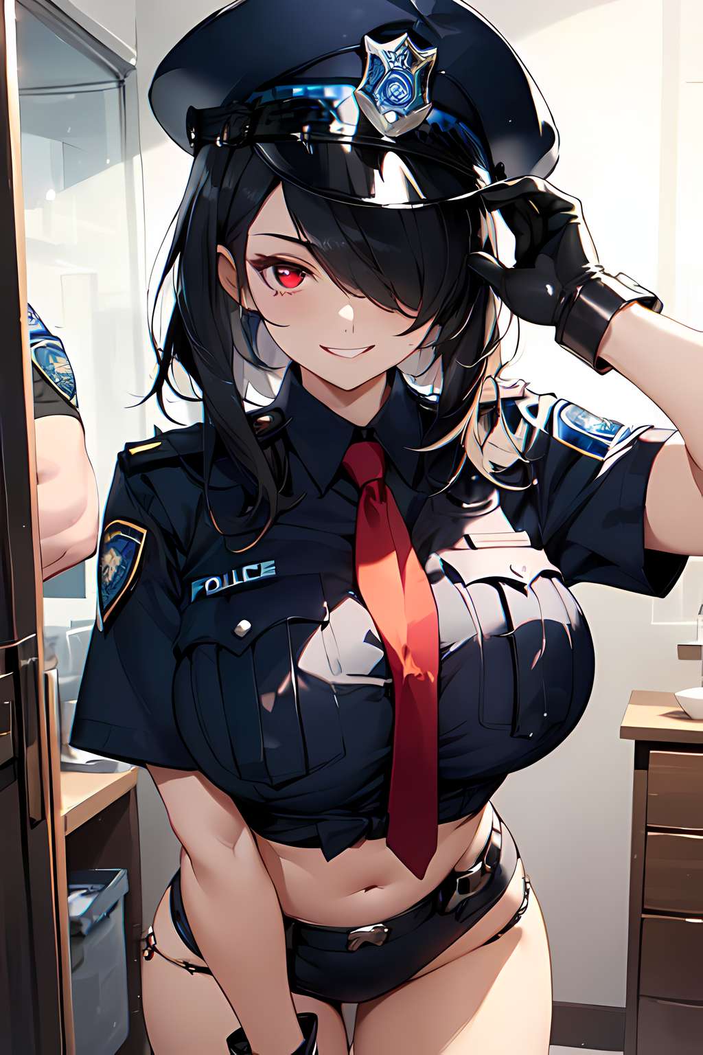 1girls, ai generated, black hair, breasts, female, hair over one eye, hat, huge breasts, indoors, light skin, light-skinned female, looking at viewer, naughty face, original, original character, police uniform, policewoman, red eyes, smile, stable diffusion, thighs