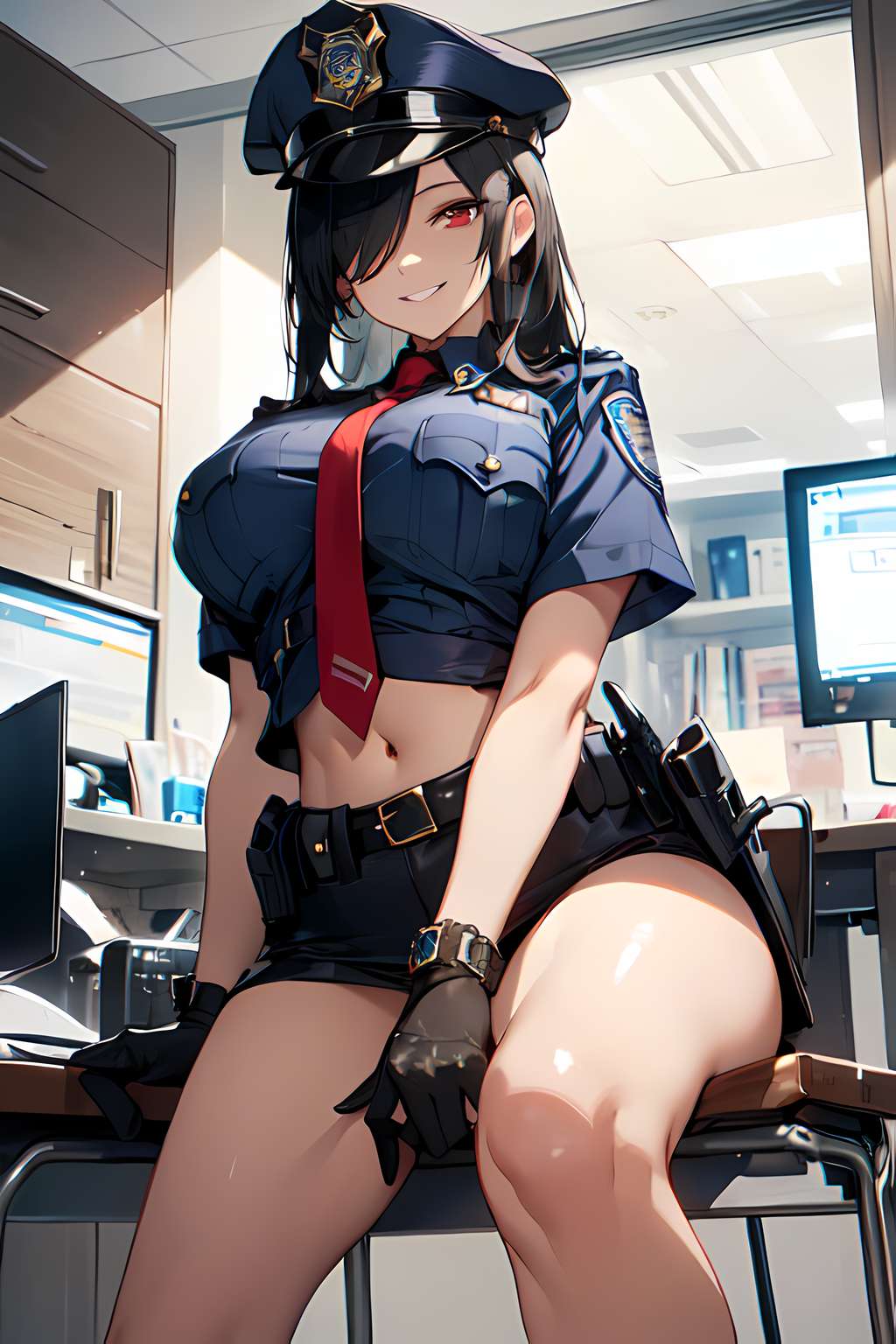 1girls, ai generated, black hair, breasts, female, hair over one eye, hat, huge breasts, indoors, light skin, light-skinned female, looking at viewer, naughty face, original, original character, police uniform, policewoman, red eyes, smile, stable diffusion, thighs