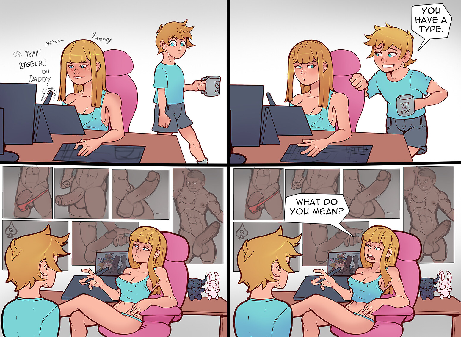 1girls, 2boys, big breasts, big penis, black body, blonde female, blonde hair, breasts, brother, brother and sister, clothed, clothing, comic, computer, dark skin, dark-skinned male, drawing, drawing (action), drawing tablet, female, horny, horny female, interracial, long hair, male, markydaysaid, masturbation, nipples, on chair, penis, pornography, poster, short hair, siblings, sister, six pack, text, watching porn