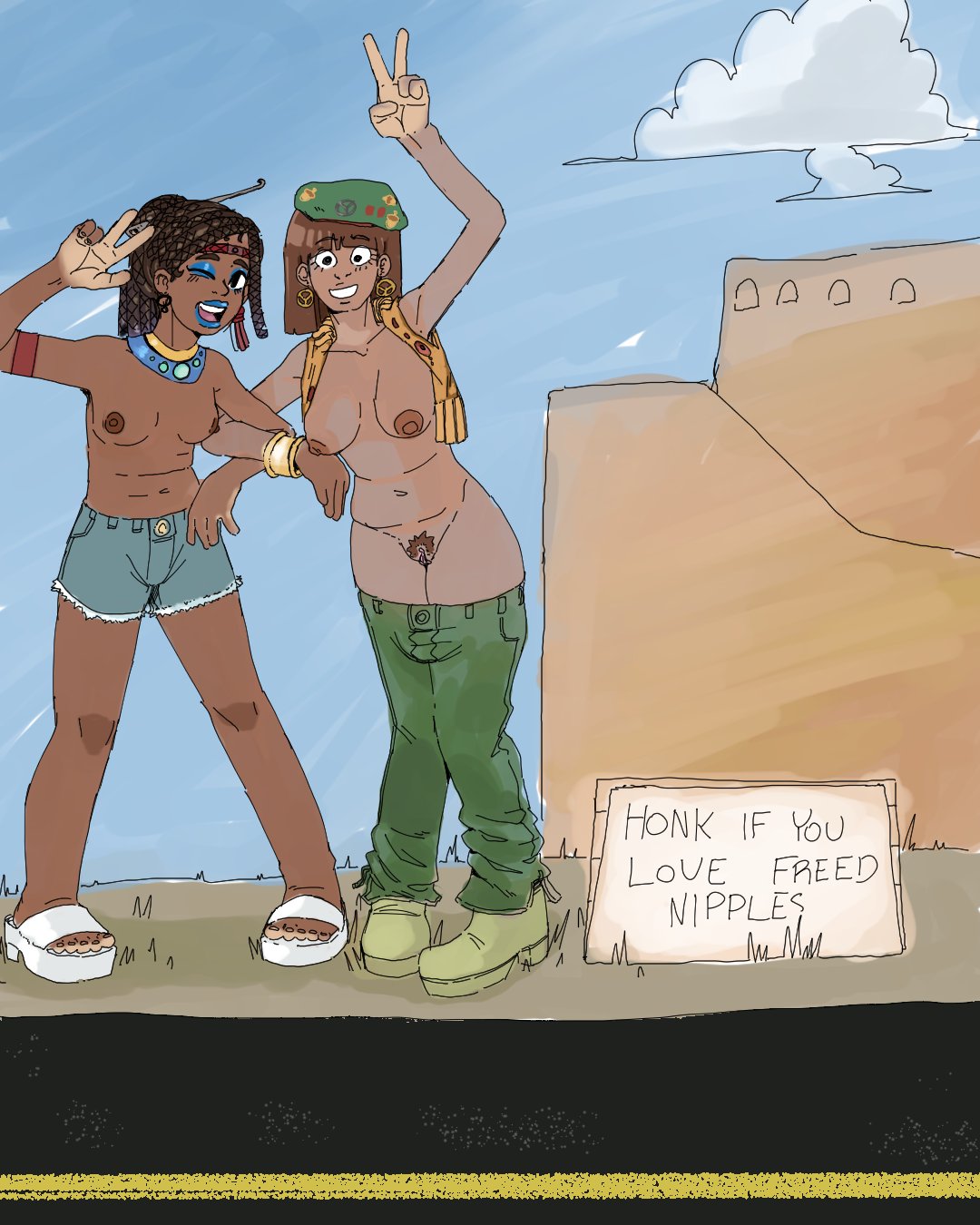 2girls big_breasts blue_lipstick breasts bretta_(capydiem) brown_hair building character_request clothed clothing dark-skinned_female dark_skin earrings english_text exhibitionism eyeshadow female female_only flashing hat human mostly_nude multiple_girls open_vest original original_character original_characters pants_down partially_clothed pubic_hair pussy ravensofzar road shorts sign squatting text topless vest