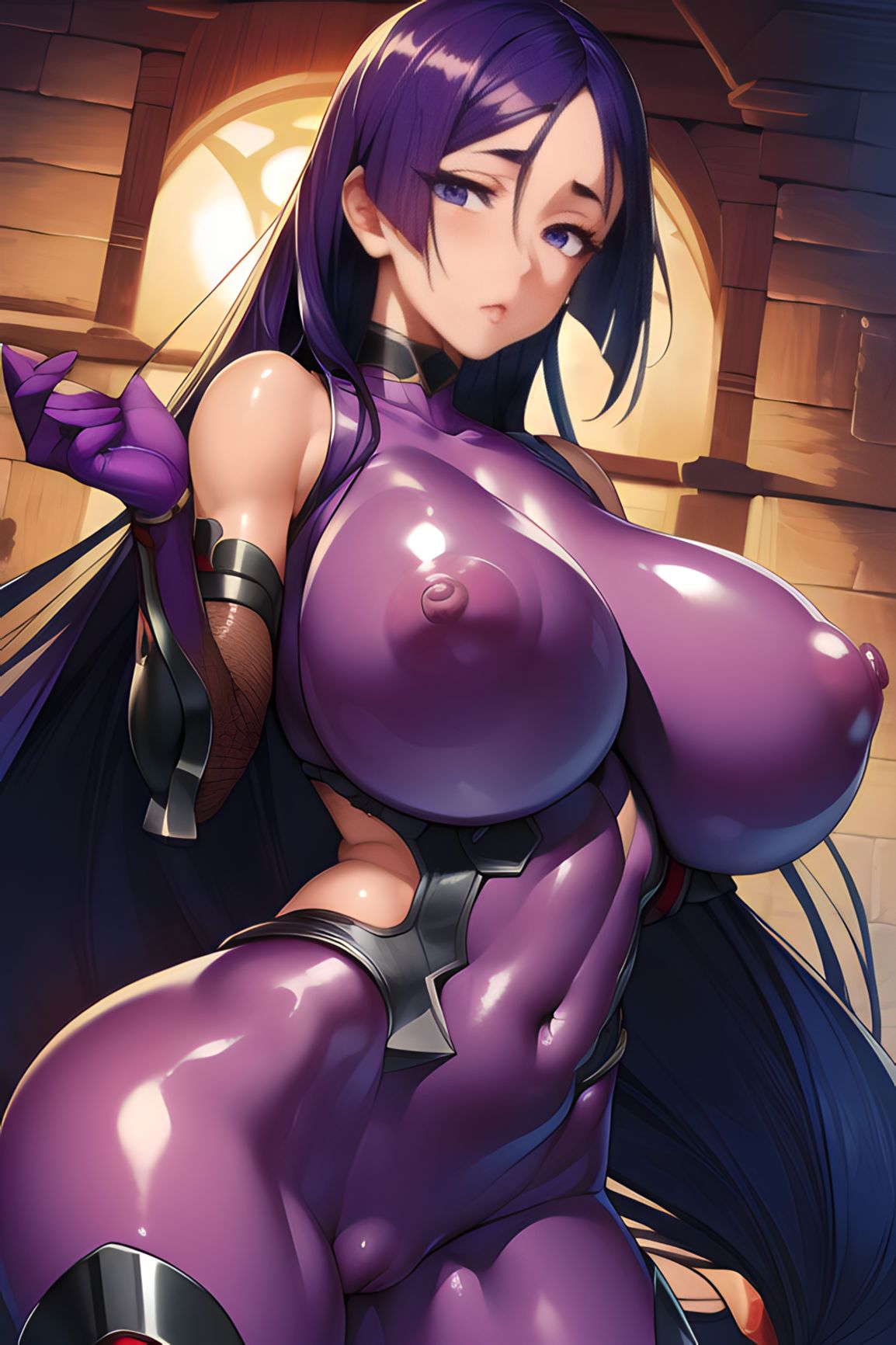 ai_generated big_breasts bodysuit catered3214 cosplay crossover curvaceous fate/grand_order fate_(series) fishnets hard_nipples hi_res huge_breasts igawa_asagi_(cosplay) long_hair milf minamoto_no_raikou_(fate/grand_order) nipples pixai purple_hair skin_tight taimanin_(series) taimanin_suit voluptuous voluptuous_female