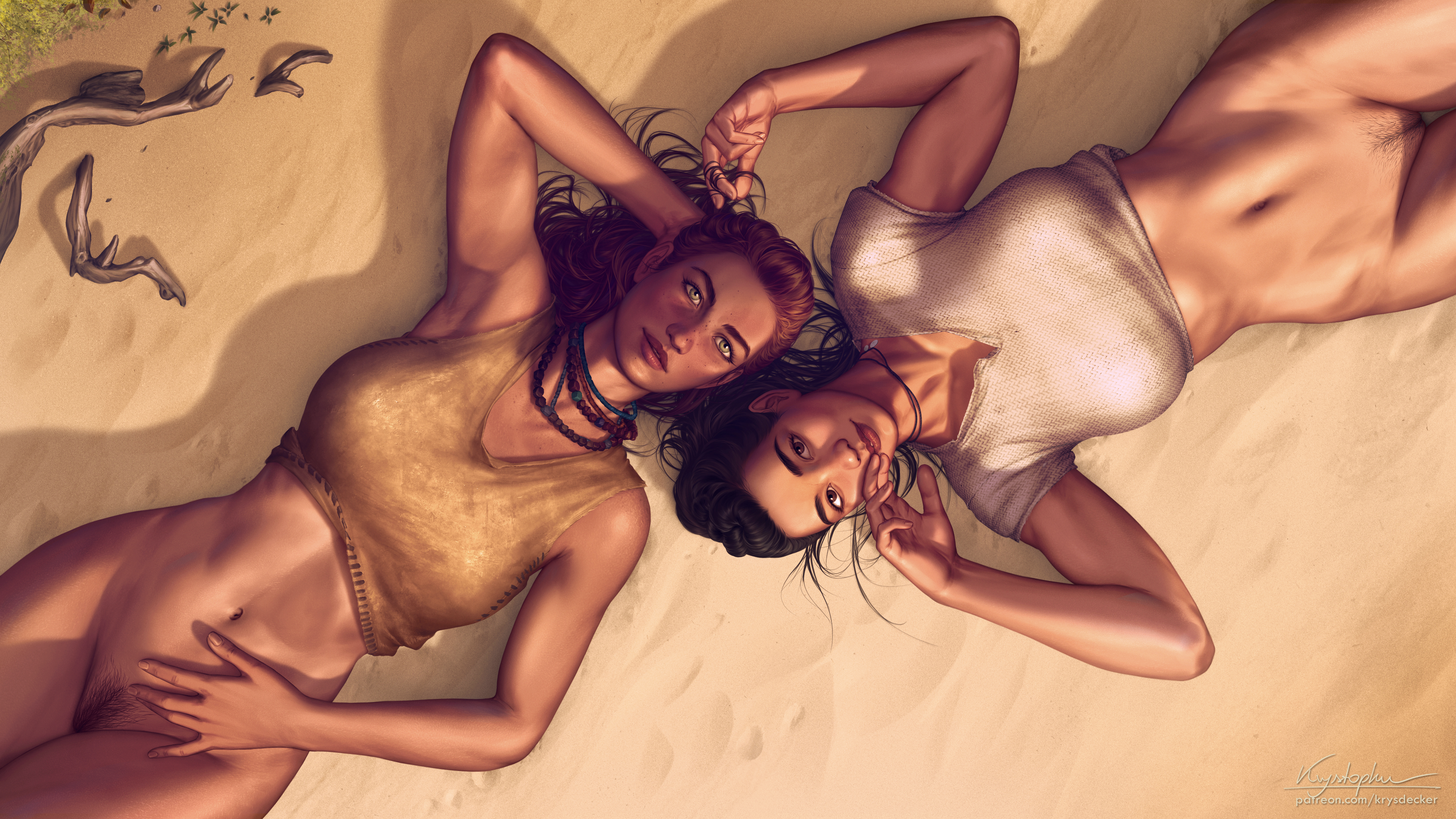 2girls, aloy, arm up, armpits, black hair, bottomless, female, female only, female pubic hair, horizon forbidden west, krysdecker, multiple females, multiple girls, navel, pubes, pubic hair, pussy, red hair, seyka, shaved armpit, vagina, yuri