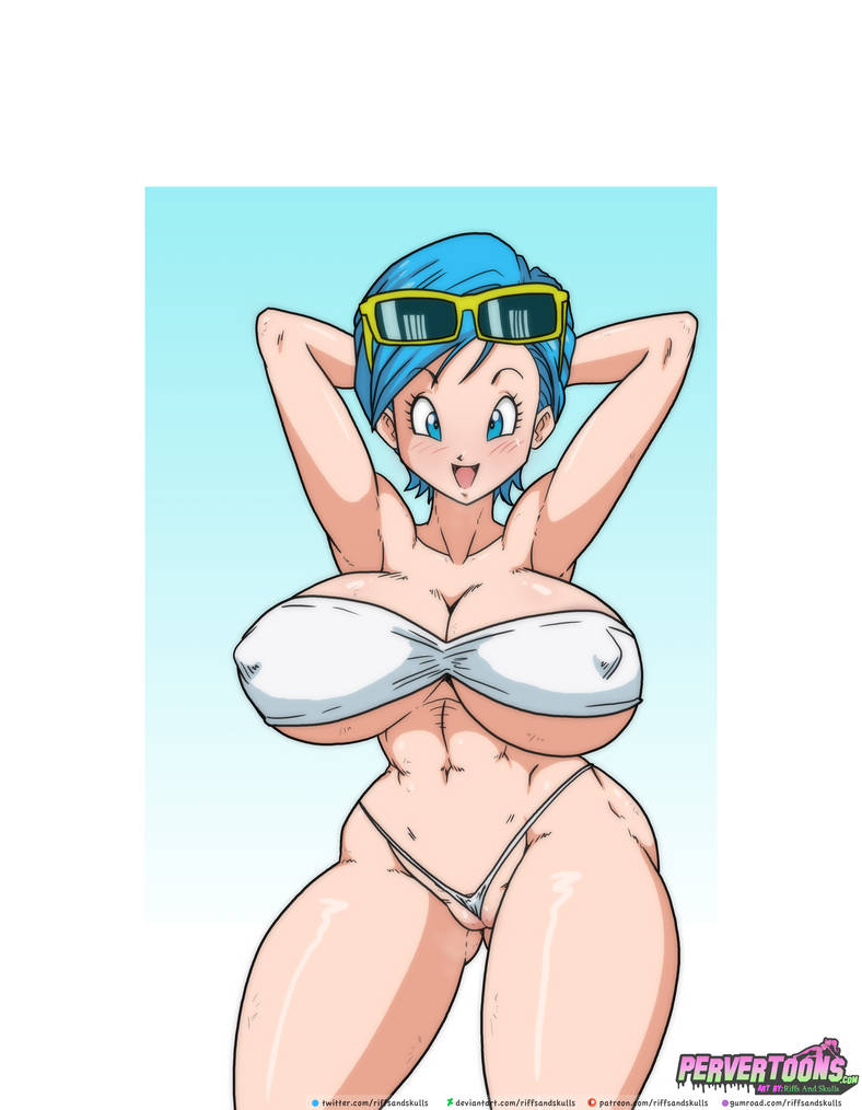 between labia, blue hair, bulma, bulma (dragon ball), bulma briefs, dragon ball, dragon ball super, dragon ball z, eyewear on head, female, female only, innie pussy, light skin, light-skinned female, pervertoons, pussy, riffsandskulls, sunglasses on head, white bikini