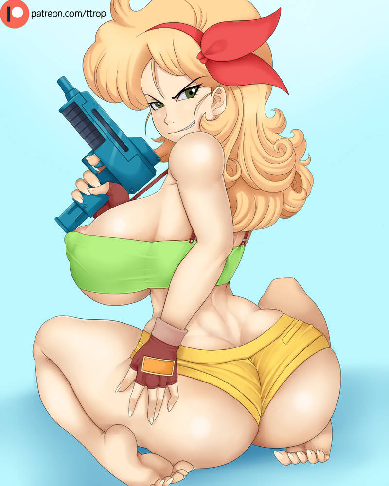 bad_launch blonde_hair dragon_ball dragon_ball_z feet gun hand_on_ass hand_on_butt launch light-skinned_female light_skin looking_at_viewer nipple_bulge nipples_visible_through_clothing short_shorts shorts soles tight_shorts tight_topwear toes ttrop