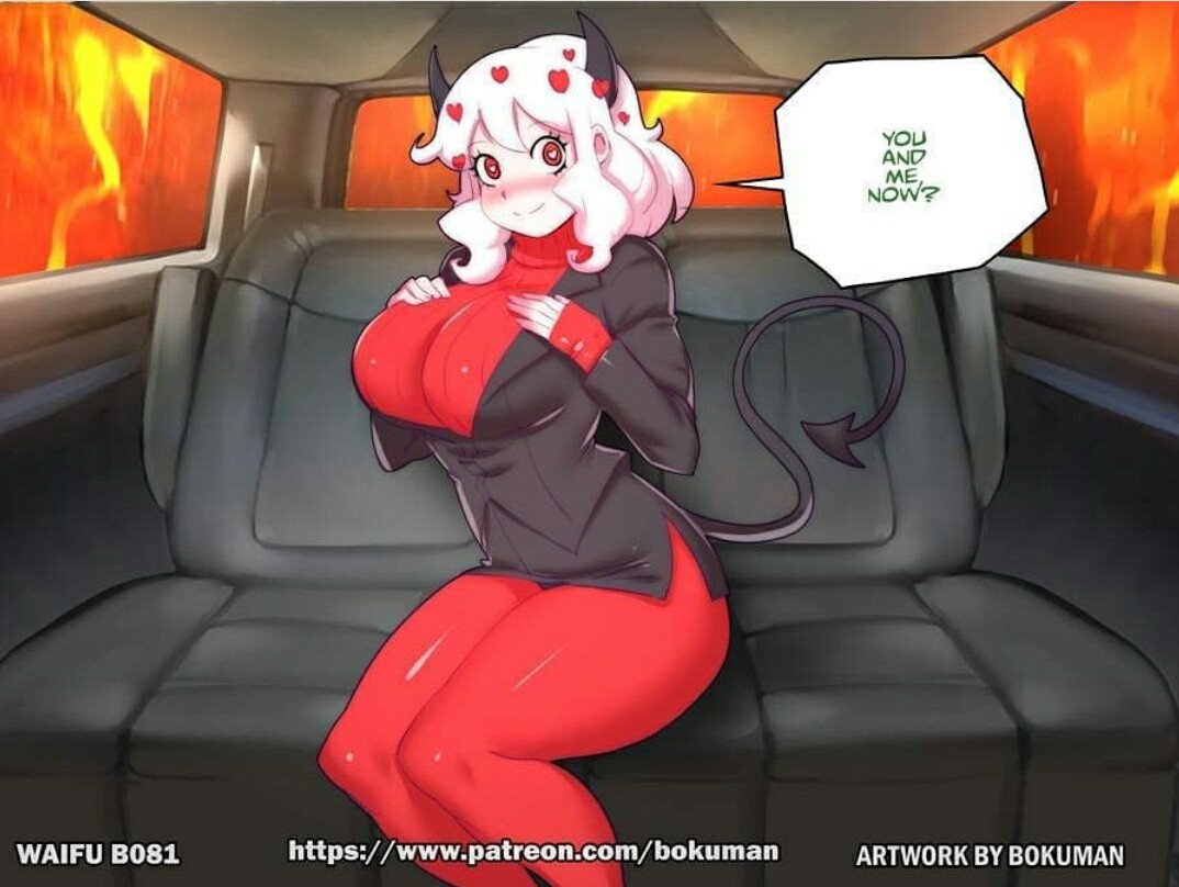 1girls, ass, big ass, big breasts, big butt, bokuman, breasts, demon, demon girl, demon tail, fake taxi, female, female only, hand on breast, heart-shaped pupils, helltaker, in car, inside car, modeus (helltaker), red eyes, thick, white hair