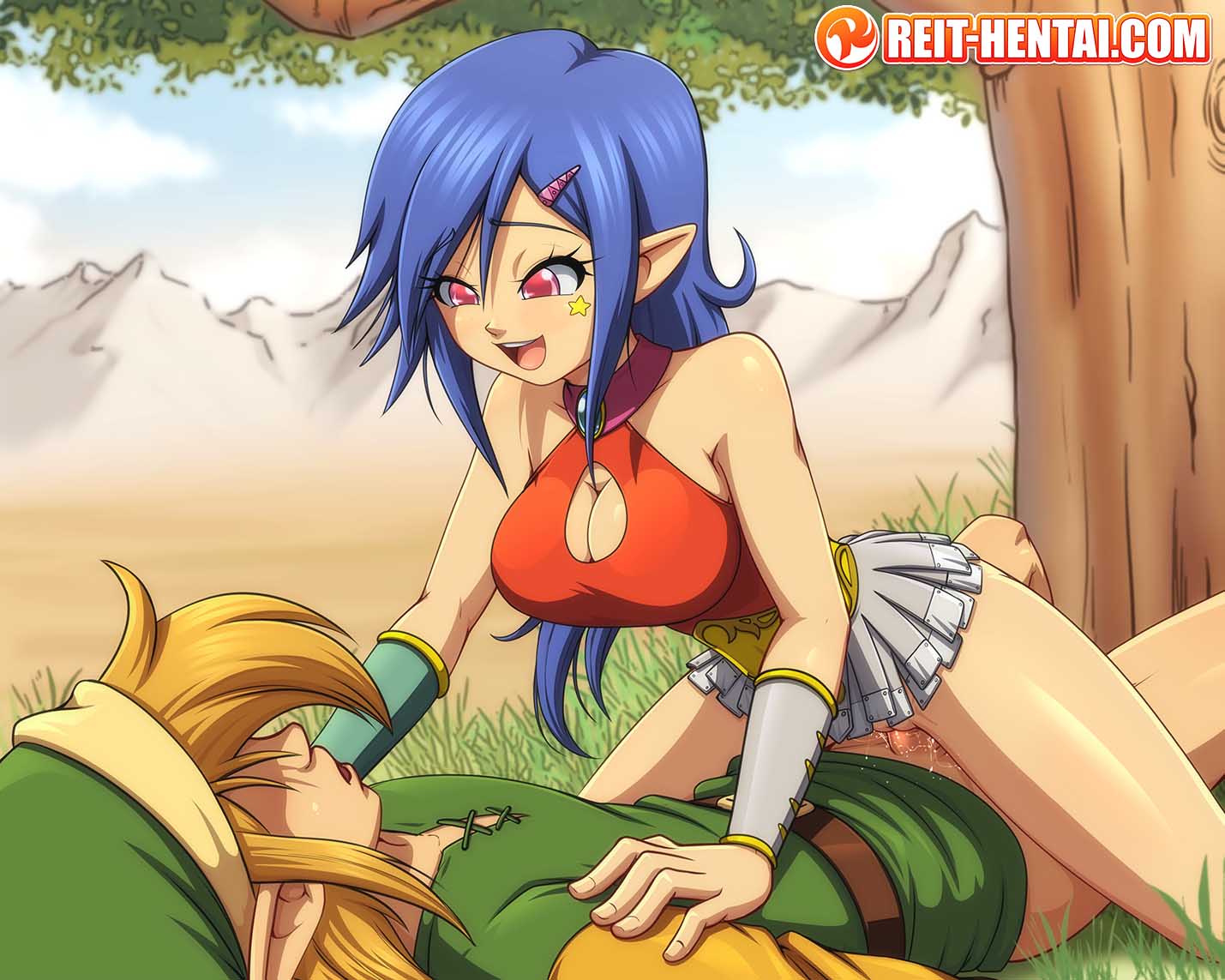 1boy 1girls a_link_to_the_past background blue_hair boob_window cleavage_cutout clothed_sex cowgirl_position crop_top eyeless_male female ghanti_(tloz) halter_top halterneck link link_(a_link_to_the_past) long_hair open_mouth pink_eyes pleated_skirt reit sex skirt tagme teenage_boy teenage_girl teenager the_legend_of_zelda the_legend_of_zelda:_a_link_to_the_past_(manga) watermark