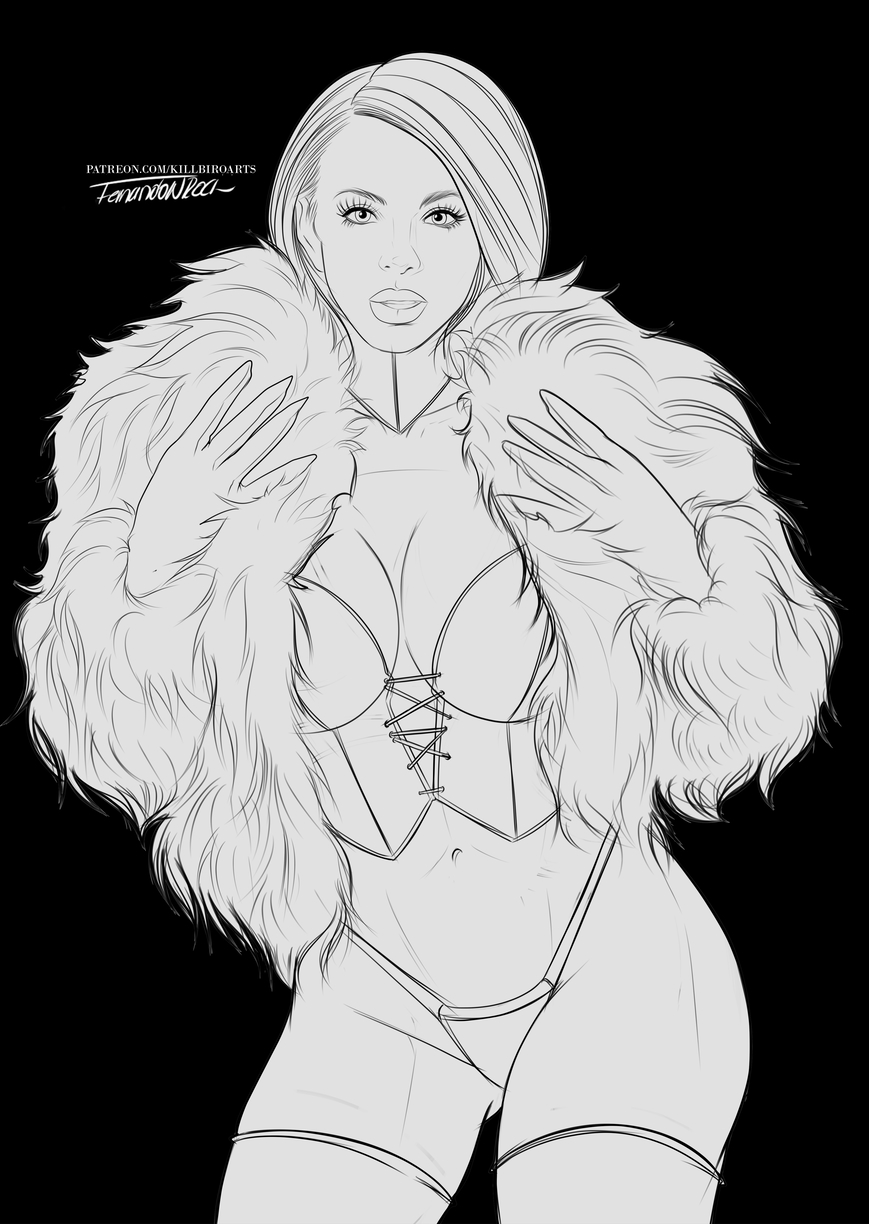 big_breasts black_and_white breasts choker cleavage corset emma_frost fur fur_cape fur_coat hellfire_club hourglass_figure killbiro lingerie marvel marvel_comics navel panties thick_thighs thighhighs white_queen x-men