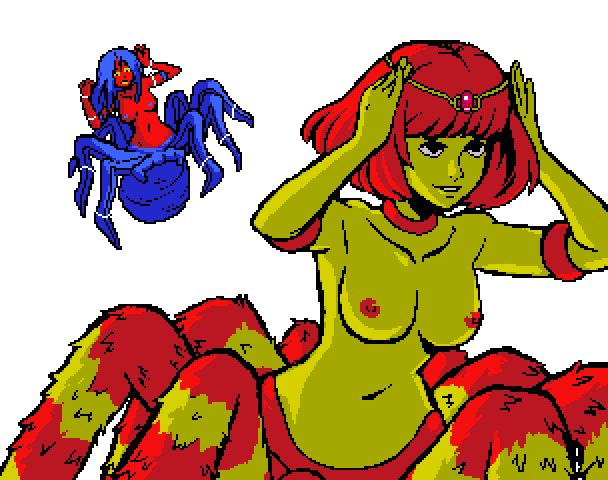 2014 2girls bondage breasts dated defeated drider female green_skin lesbian_spider-queens_of_mars pixel_art red_skin spider_girl tarantula_queen transparent_background web_bondage
