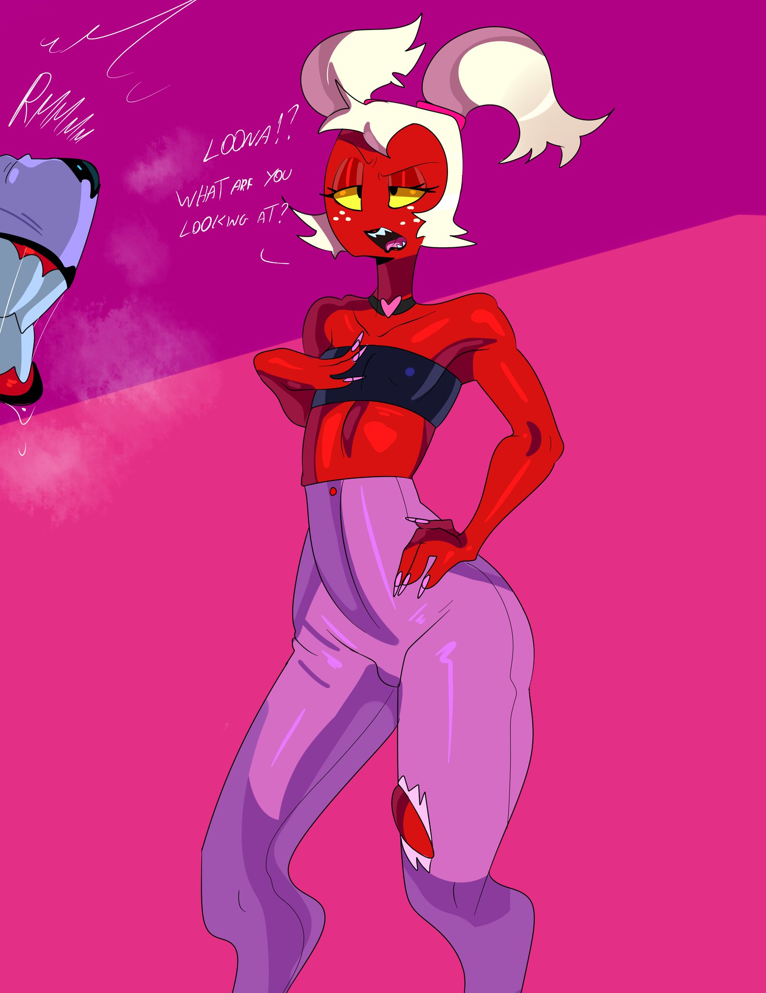 1futa, 4 fingers, ambiguous gender, anthro, black eyes, choker, clothing, demon, duo, femboy, fingers, futanari, girly, growling, helluva boss, humanoid, imminent sex, imp, implied futa, intersex, loona (helluva boss), male, moxxie (helluva boss), moxxine (helluva boss), nails, pink nails, red body, red skin, saliva, tayuri, torn clothing, trap, twintails, white hair