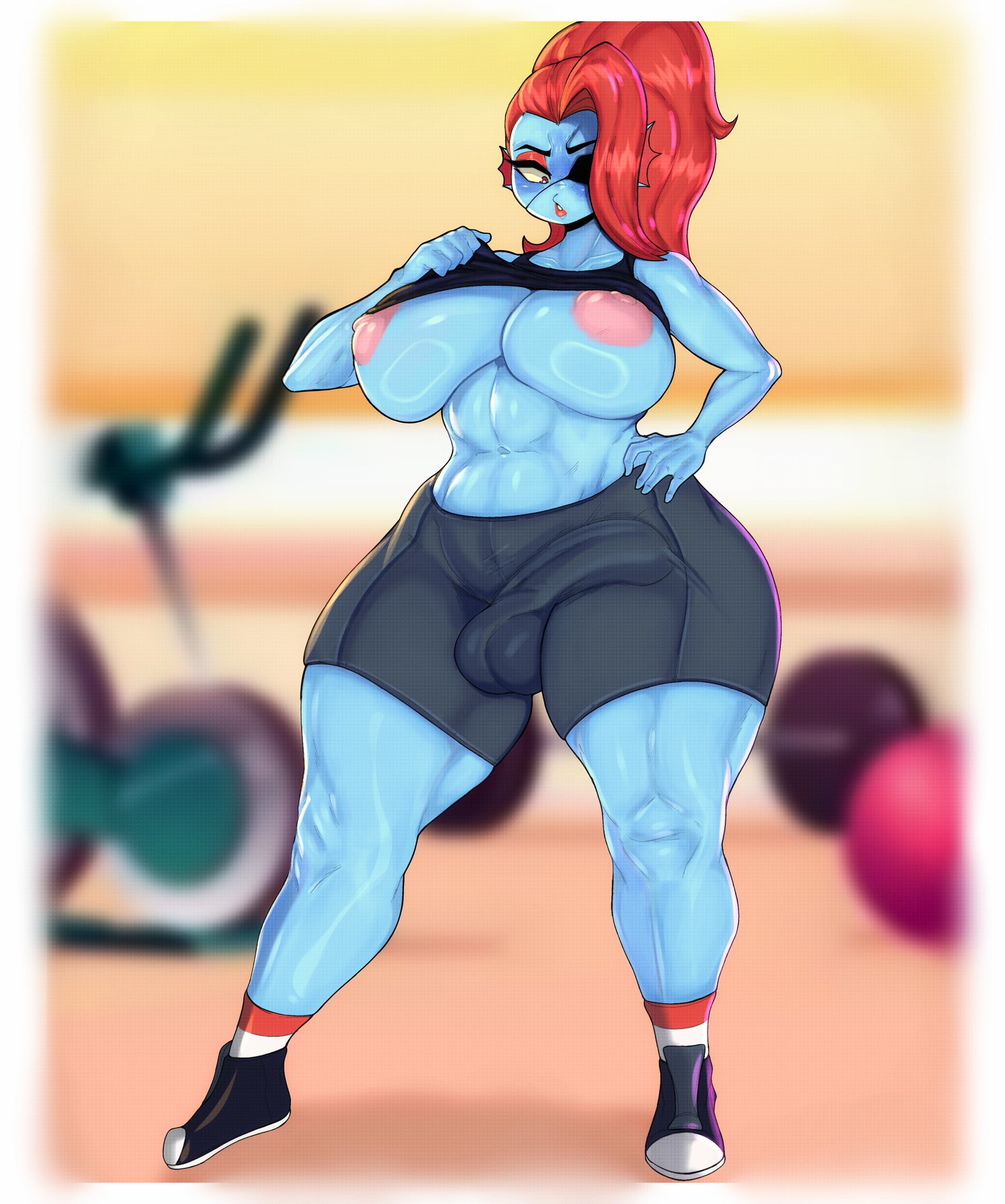 1dickgirl, 1futa, 2023, anthro, anthro only, areolae, ass, athletic, athletic futa, balls, balls bulge, balls under clothes, belly button, big areola, big ass, big breasts, big butt, big nipples, big penis, bike shorts, black boots, black shorts, black sports bra, blue body, blue skin, boner, boner in pants, boots, breasts, bubble butt, bulge, bulge to side, busty, cameltail, clothed, clothed futa, curvaceous, curvy, curvy body, curvy figure, curvy hips, dickgirl, erect nipples, erect penis, erection, erection under clothes, eye patch, female, fish, fish girl, front view, full body, fully clothed, futa focus, futa only, futanari, gym, hand holding, hand on hip, huge ass, huge balls, huge breasts, huge cock, huge nipples, intersex, jacksito (artist), large areolae, large ass, large balls, large breasts, large penis, legs apart, long hair, looking down, navel, nipples, open mouth, penis, penis bulge, penis under clothes, ponytail, red eyes, red hair, shorts, socks, solo, solo focus, solo futa, sports bra, sportswear, standing, tenting, thick, thick ass, thick thighs, tight clothing, tight pants, toby fox, top lift, undertale, undertale (series), undyne, voluptuous, voluptuous futa, wide hips