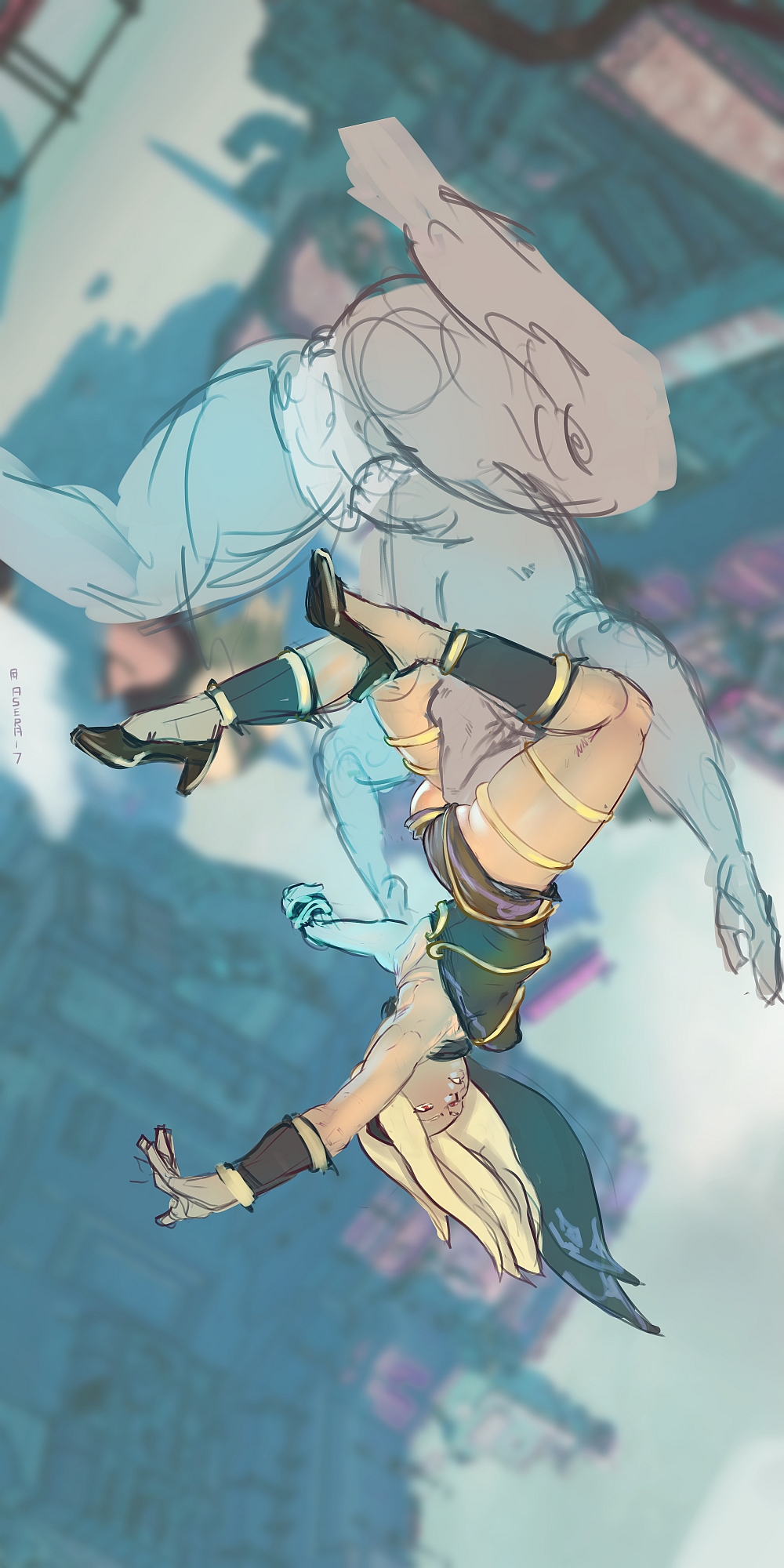 1boy 1girls asera ass blonde_hair facesitting flying gravity_rush kat_(gravity_rush) sketch tagme