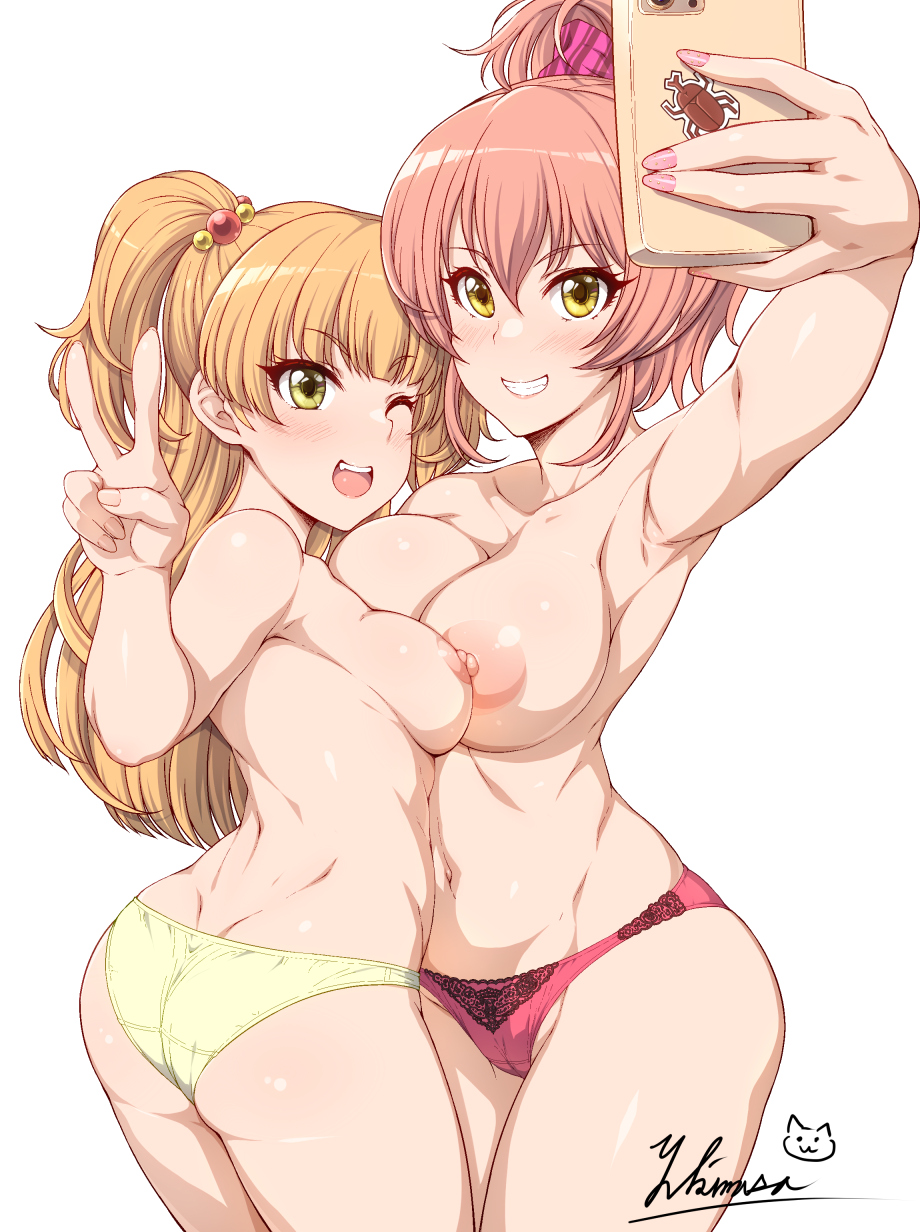 2girls grin idolmaster idolmaster_cinderella_girls jougasaki_mika jougasaki_rika large_breasts long_nails nail_art nail_polish nipples panties signature sisters smile taking_selfie topless