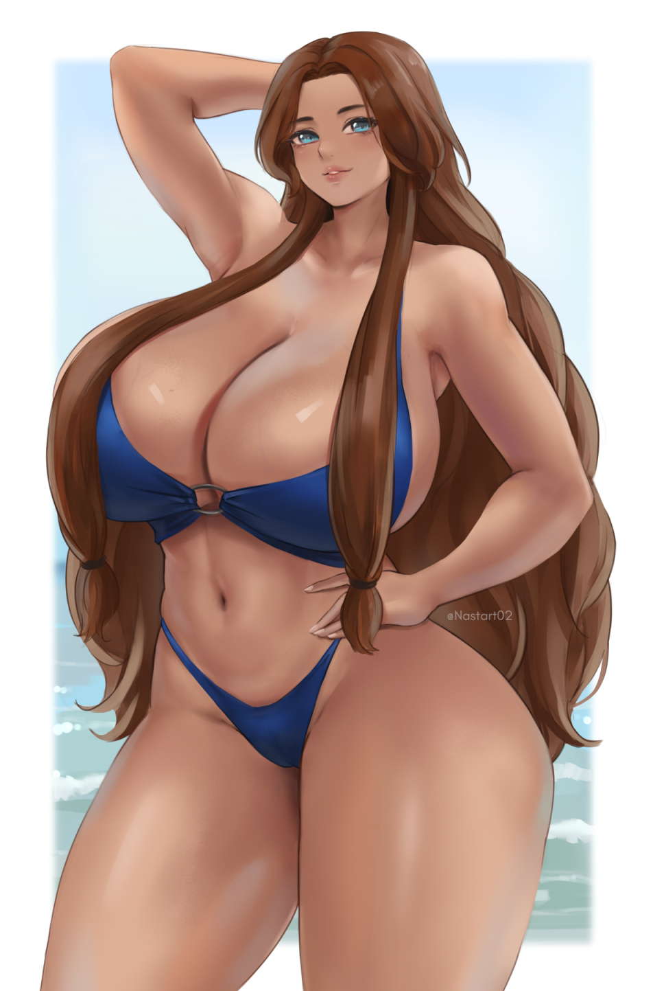 arm_up bikini cleavage huge_breasts nastart ocean original