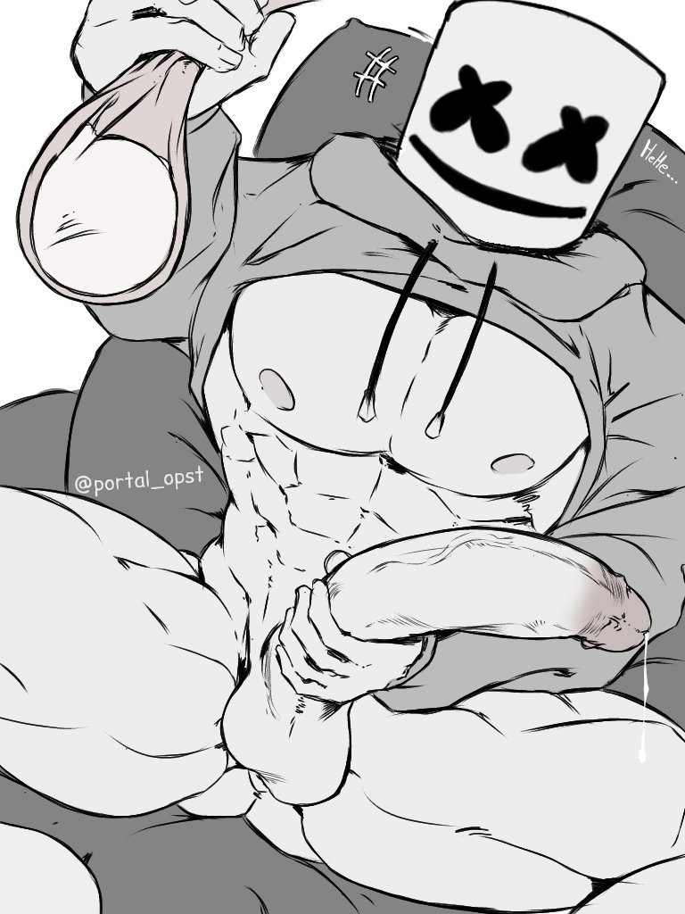 1boy balls bara big_balls big_penis boner condom cum cum_in_condom dripping_cum erection filled_condom gay gay_male helmet helmet_covering_face helmet_only holding_penis hood_down hoodie hoodie_only male male_only marshmello mask mask_only masked masked_male monochrome muscles muscular pantsless penis portal_opst real_person solo solo_male spread_legs