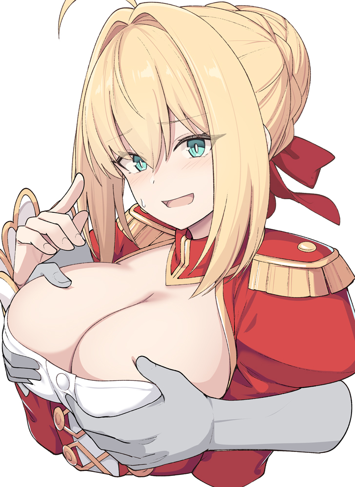 ahoge big_breasts blonde_hair blue_eyes breast_grab breast_grab_from_behind breasts fate/extra fate/grand_order fate_(series) groping groping_breast groping_breasts groping_from_behind hair_ornament huge_breasts large_breasts light-skinned_female light_skin nero_claudius_(fate) red_clothing red_hair_ornament red_ribbon shiseki_hirame soft_breasts symbol-shaped_pupils tagme white_background